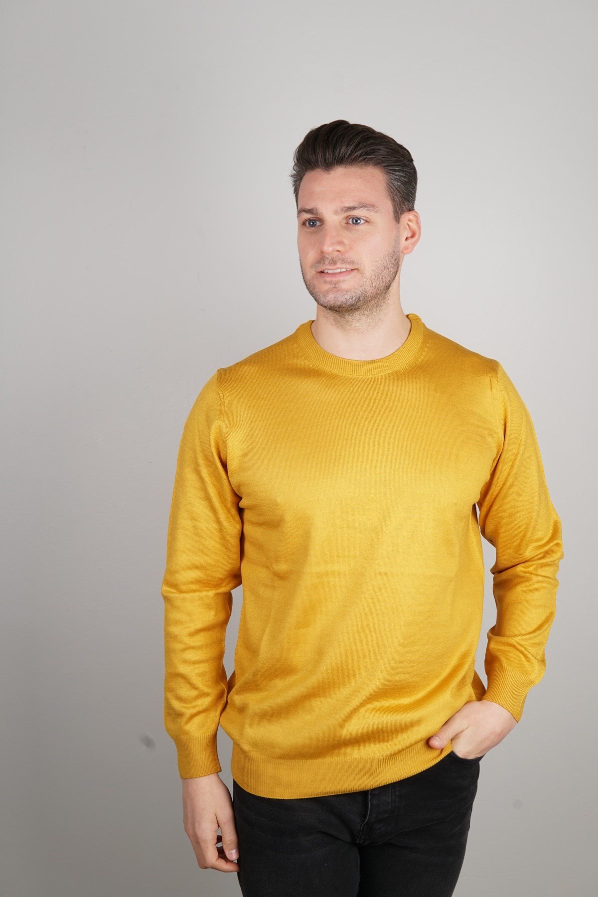 Maserto Sarı Bisiklet Yaka Tüylenmeyen Triko Kazak