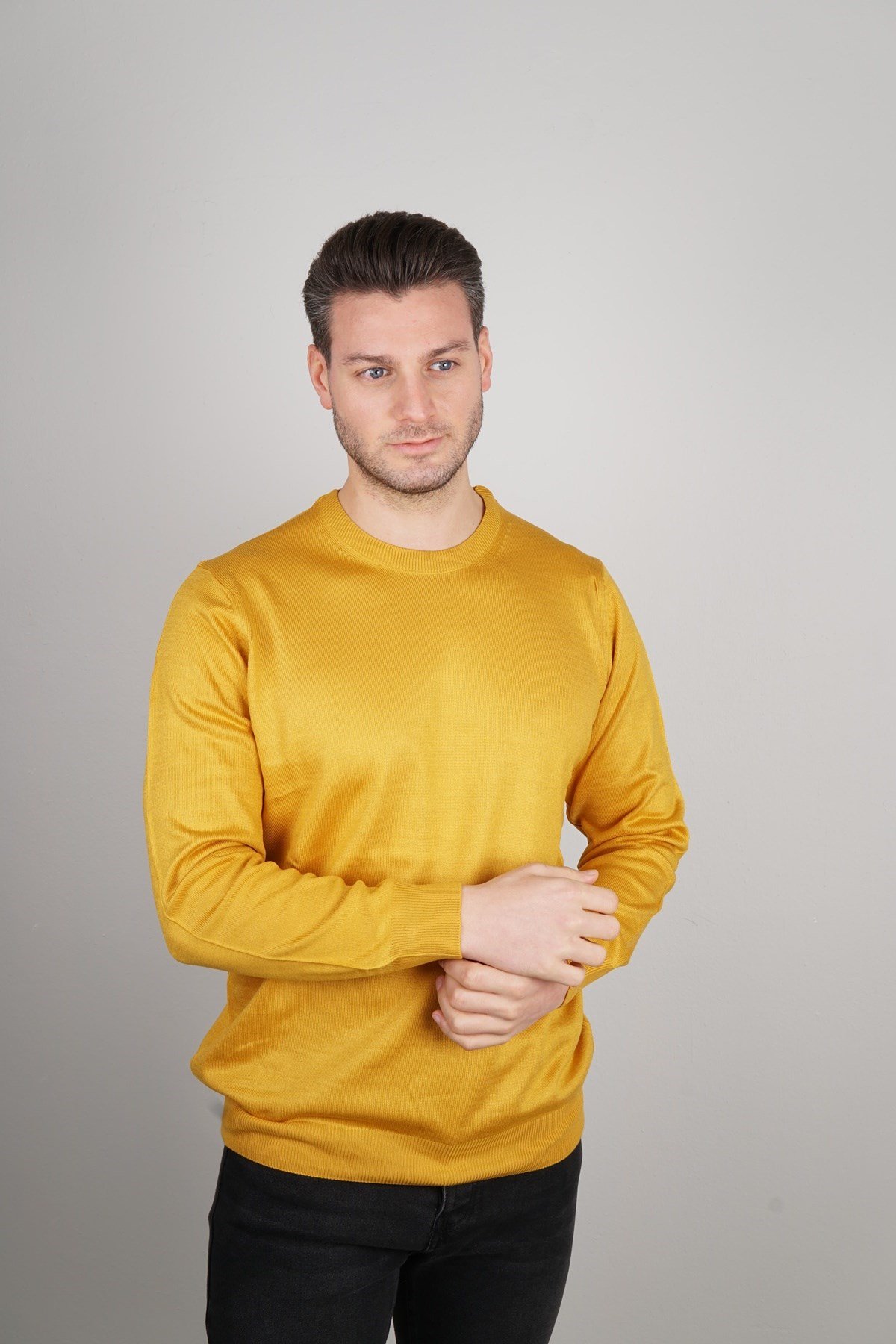 Maserto Sarı Bisiklet Yaka Tüylenmeyen Triko Kazak