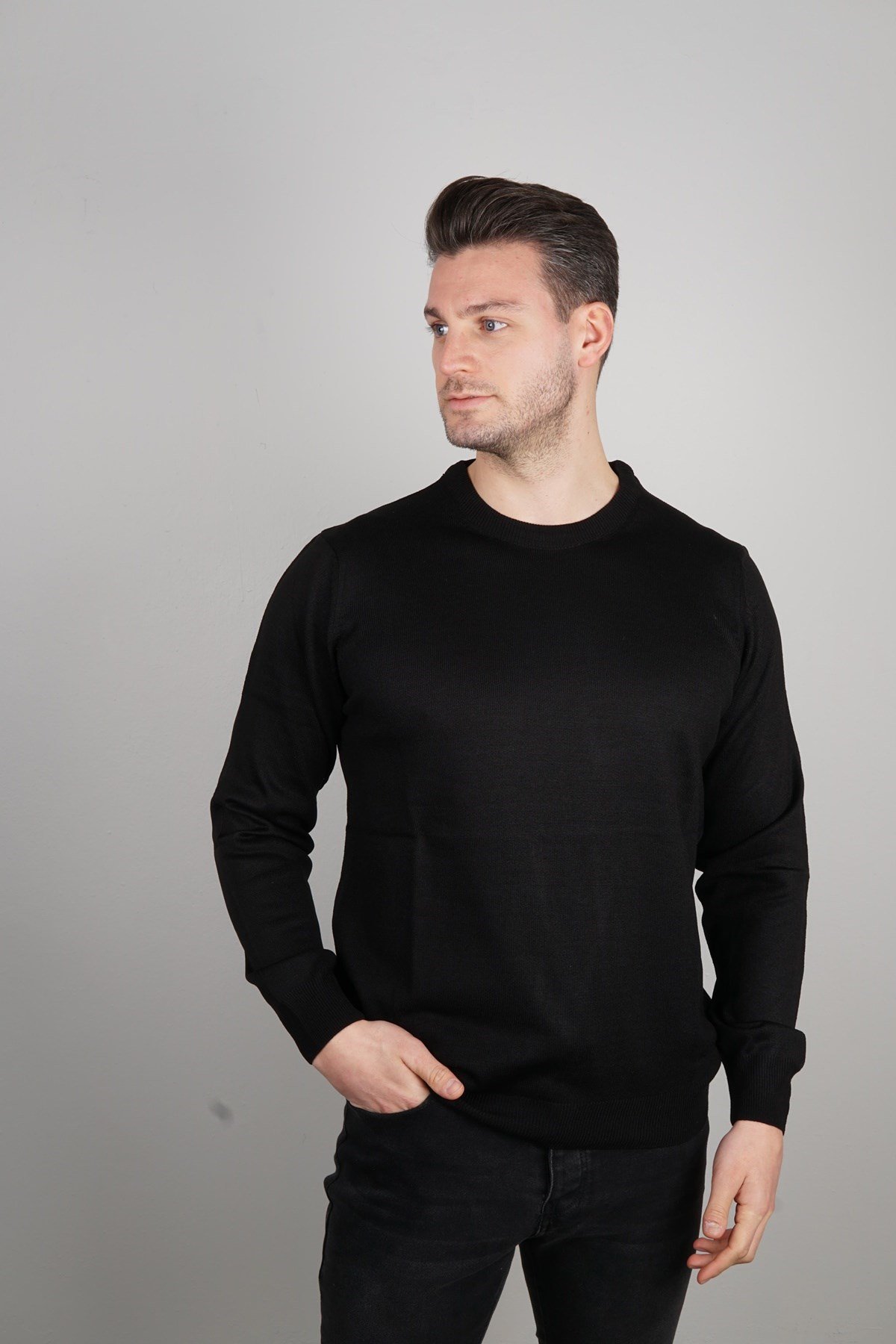 Maserto Siyah Bisiklet Yaka Tüylenmeyen Triko Kazak