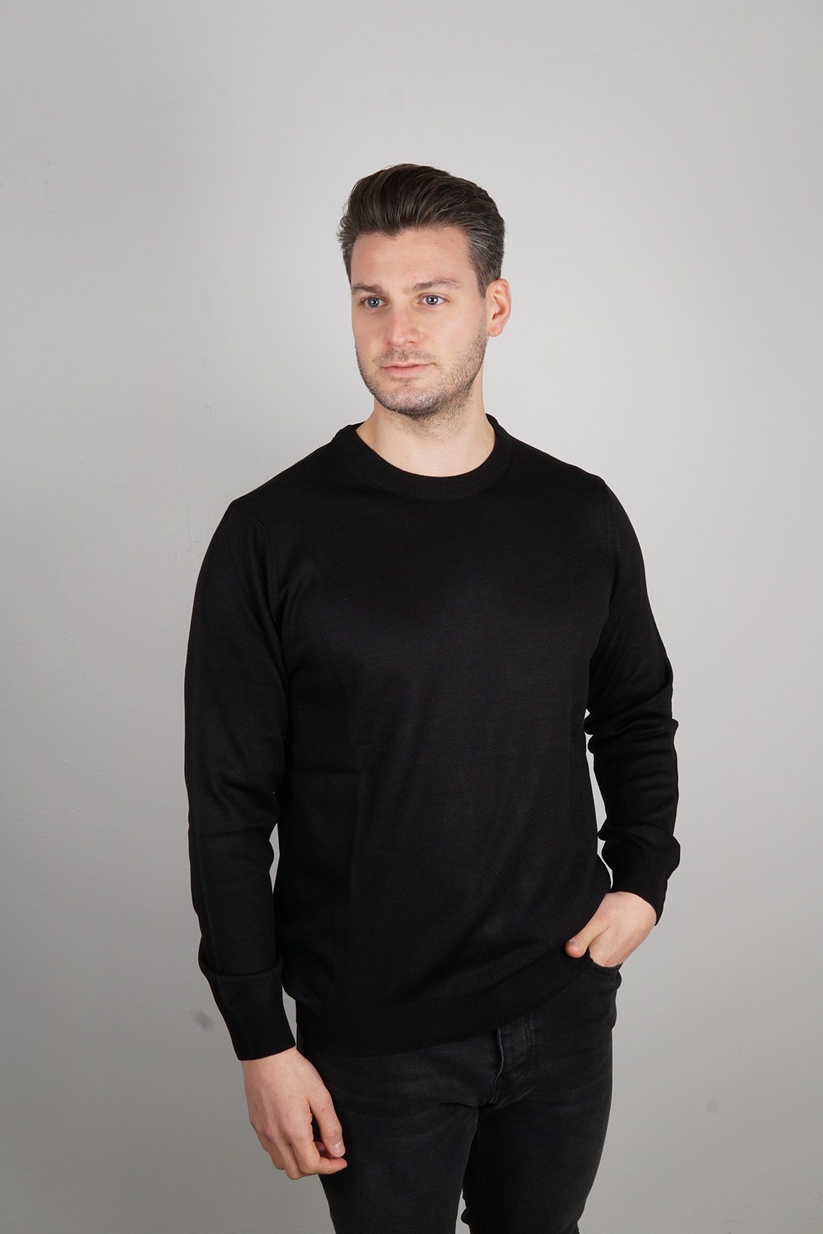 Maserto Siyah Bisiklet Yaka Tüylenmeyen Triko Kazak