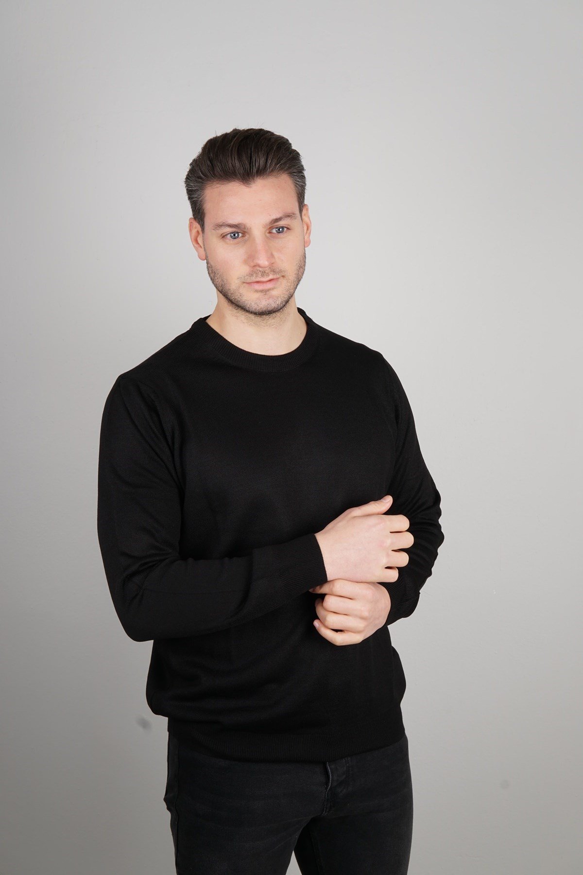 Maserto Siyah Bisiklet Yaka Tüylenmeyen Triko Kazak