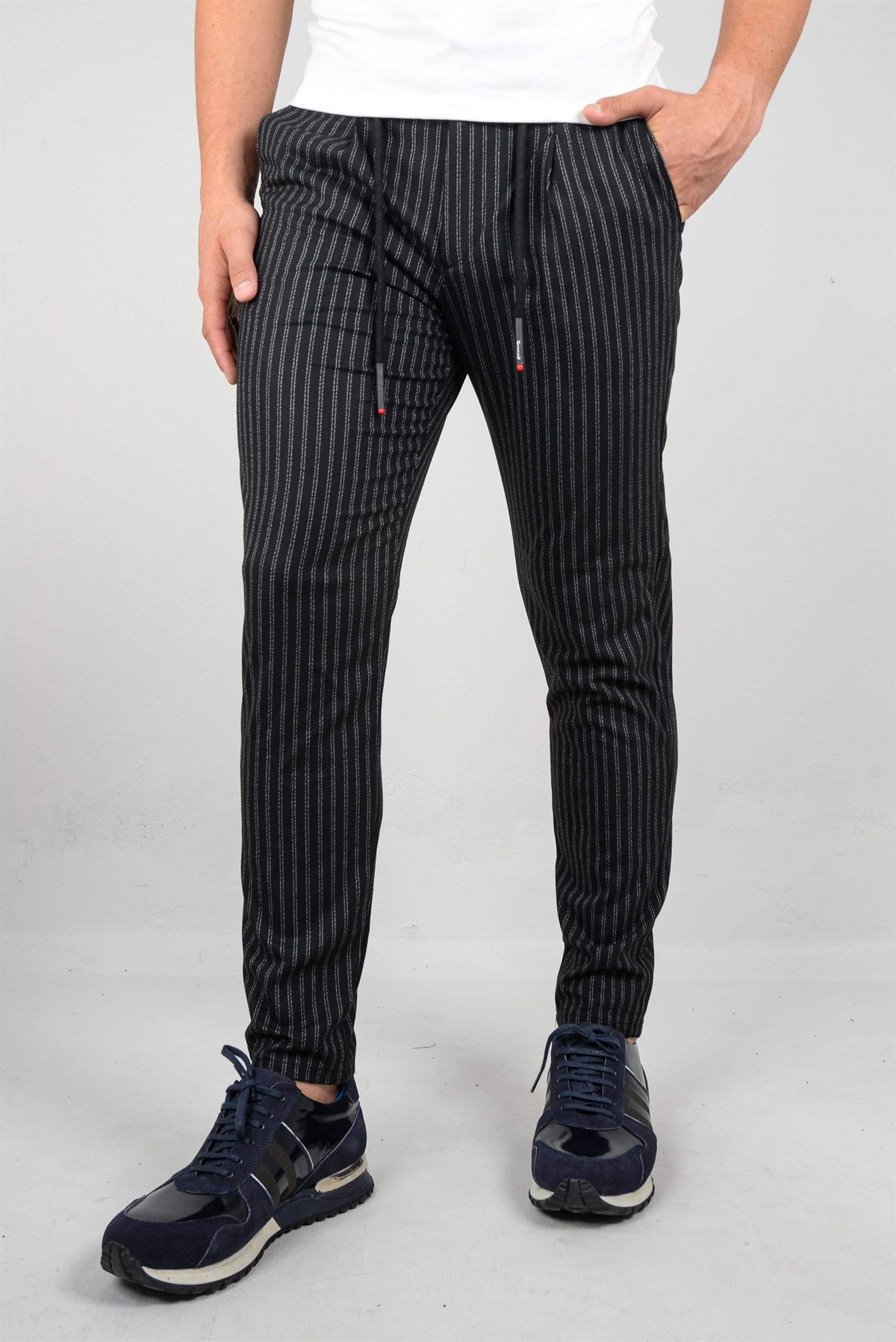 Maserto Siyah Pantolon Çizgili Desenli