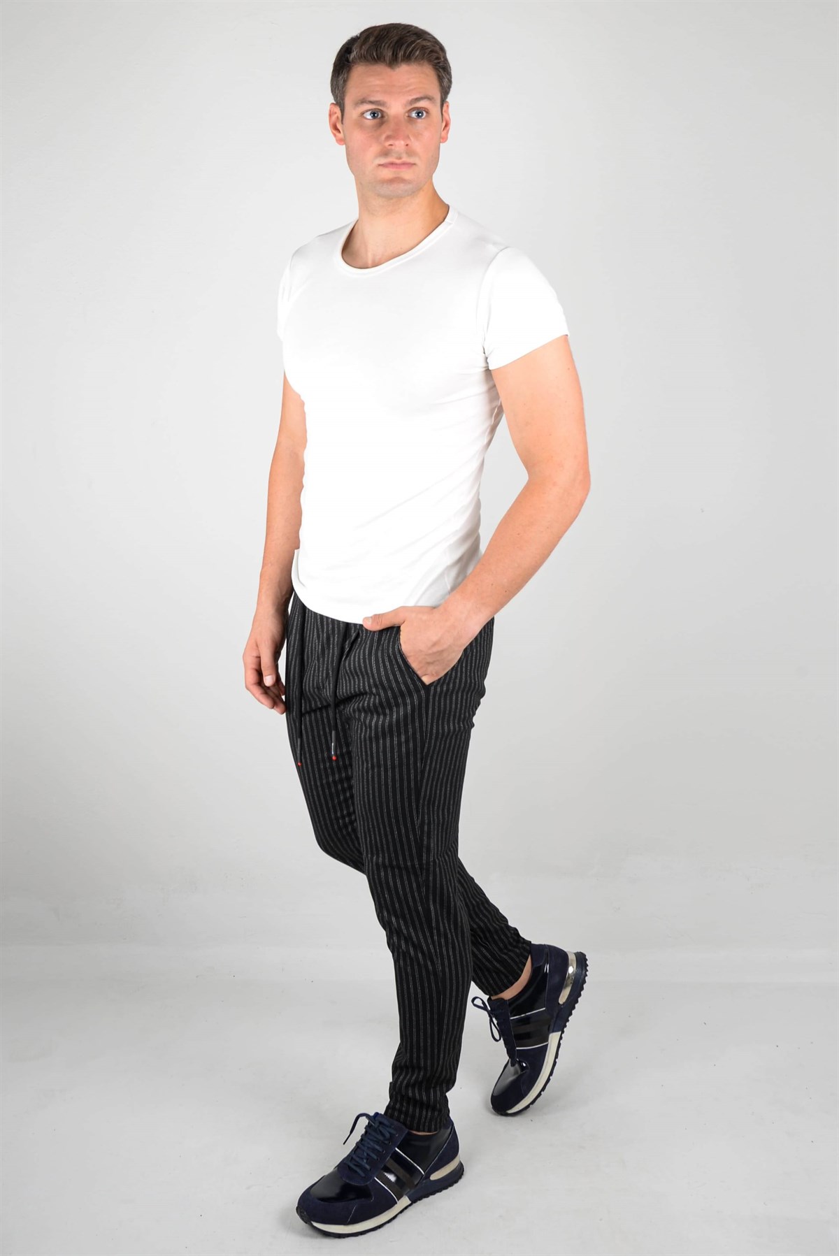 Maserto Siyah Pantolon Çizgili Desenli