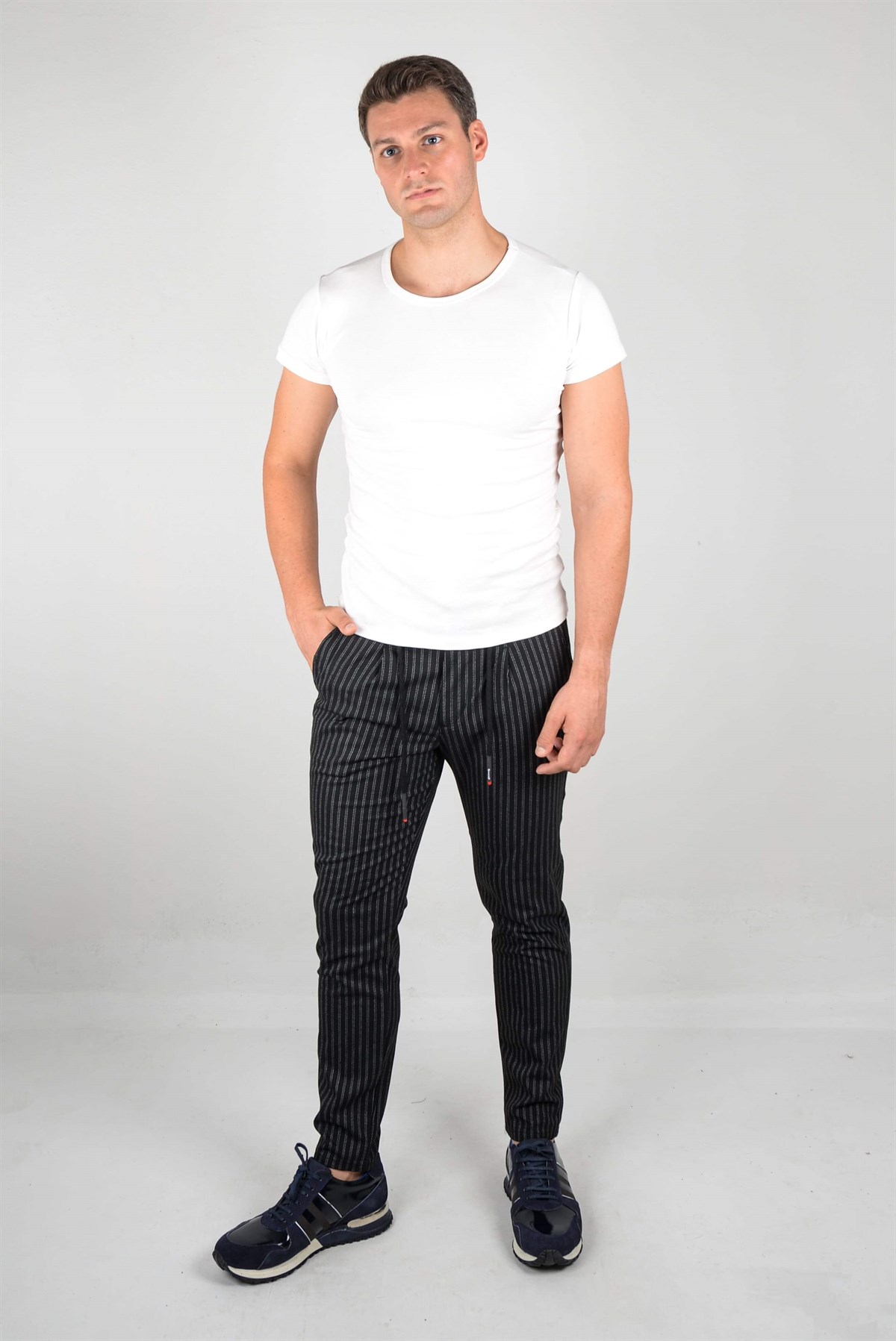 Maserto Siyah Pantolon Çizgili Desenli