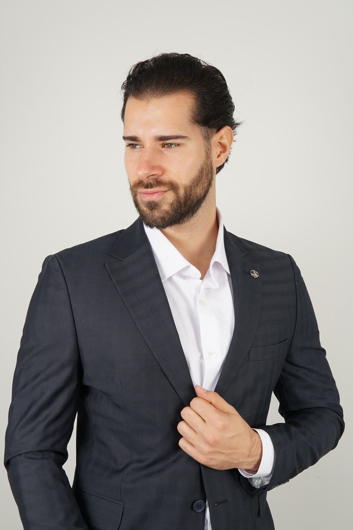 Maserto Siyah Takım Elbise Çizgi Desenli