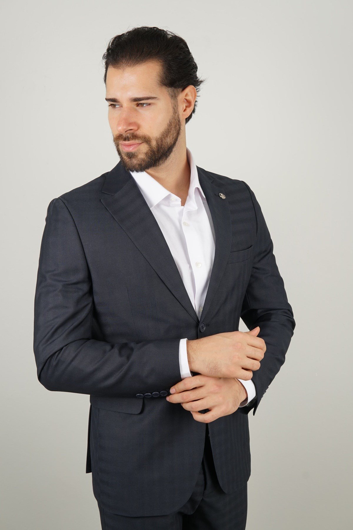 Maserto Siyah Takım Elbise Çizgi Desenli