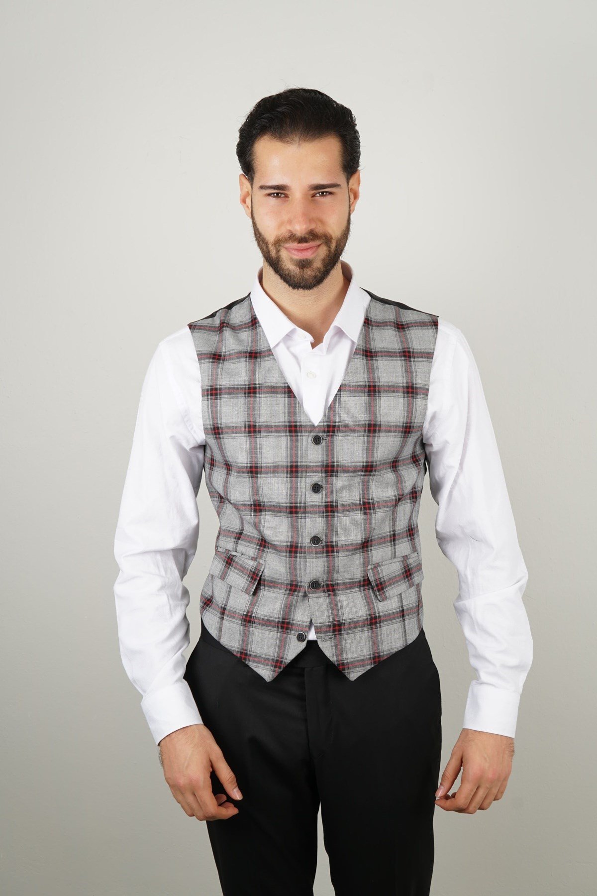 Maserto Slim Fit Light Gray Vest Plaid Patterned