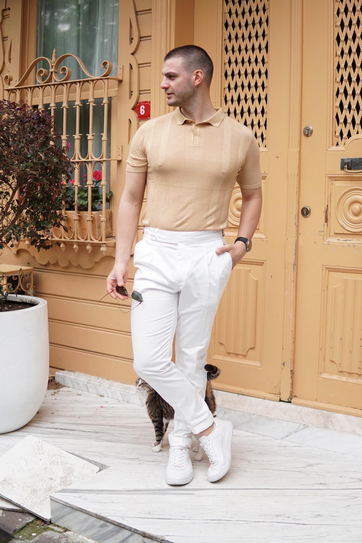 Maserto Slim Fit Açık Kahve Polo Yaka T-Shirt Örme Desenli