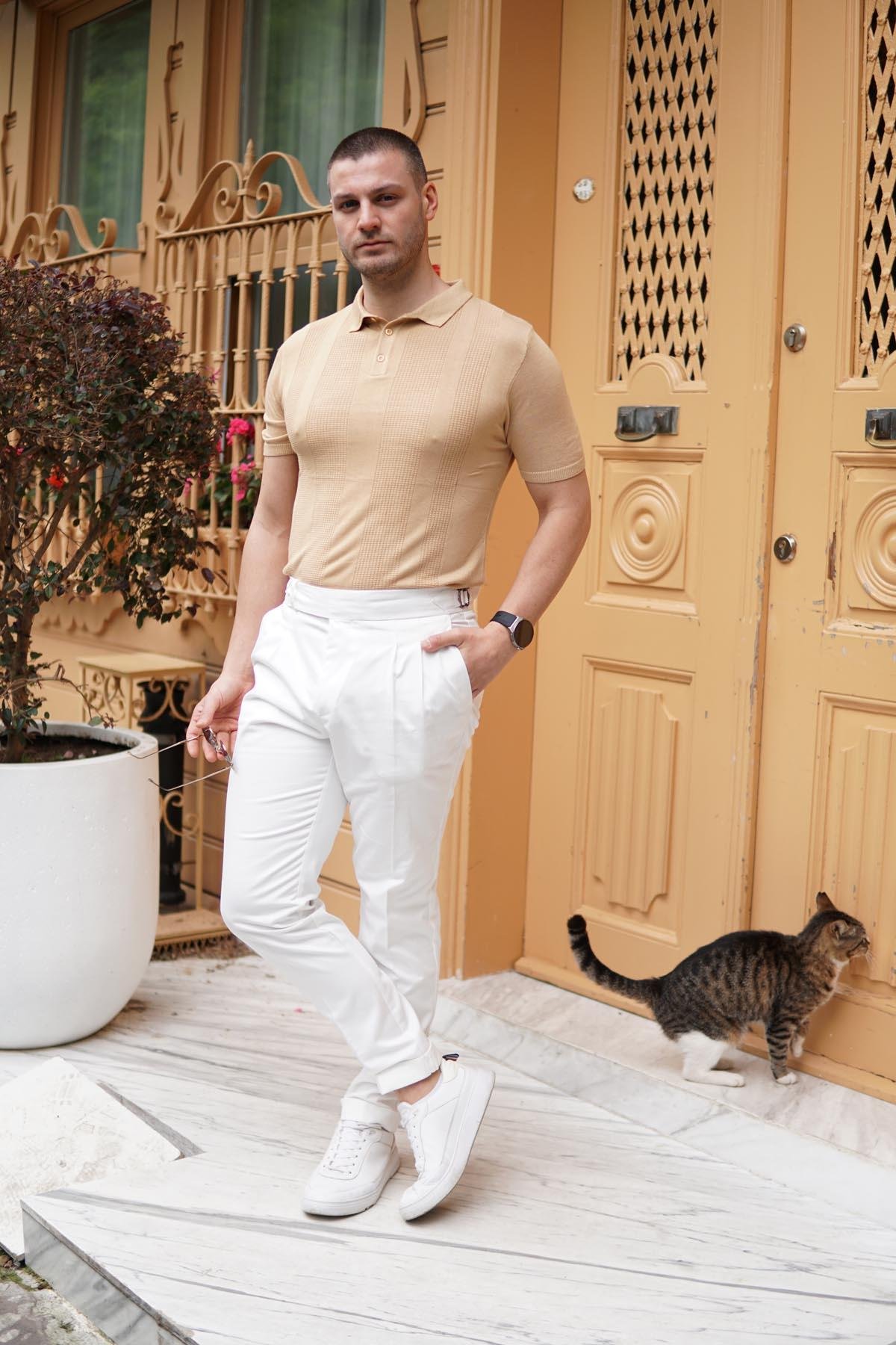 Maserto Slim Fit Açık Kahve Polo Yaka T-Shirt Örme Desenli