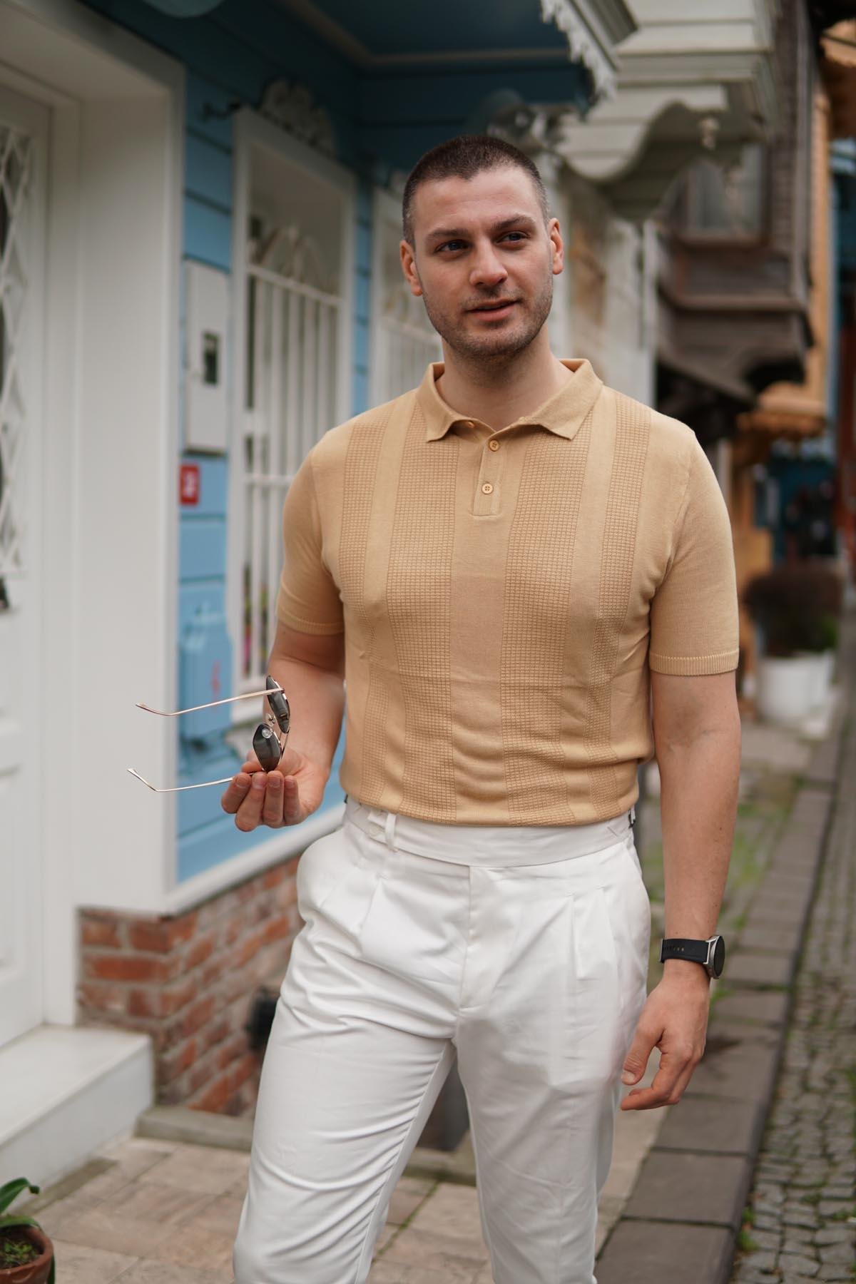 Maserto Slim Fit Açık Kahve Polo Yaka T-Shirt Örme Desenli