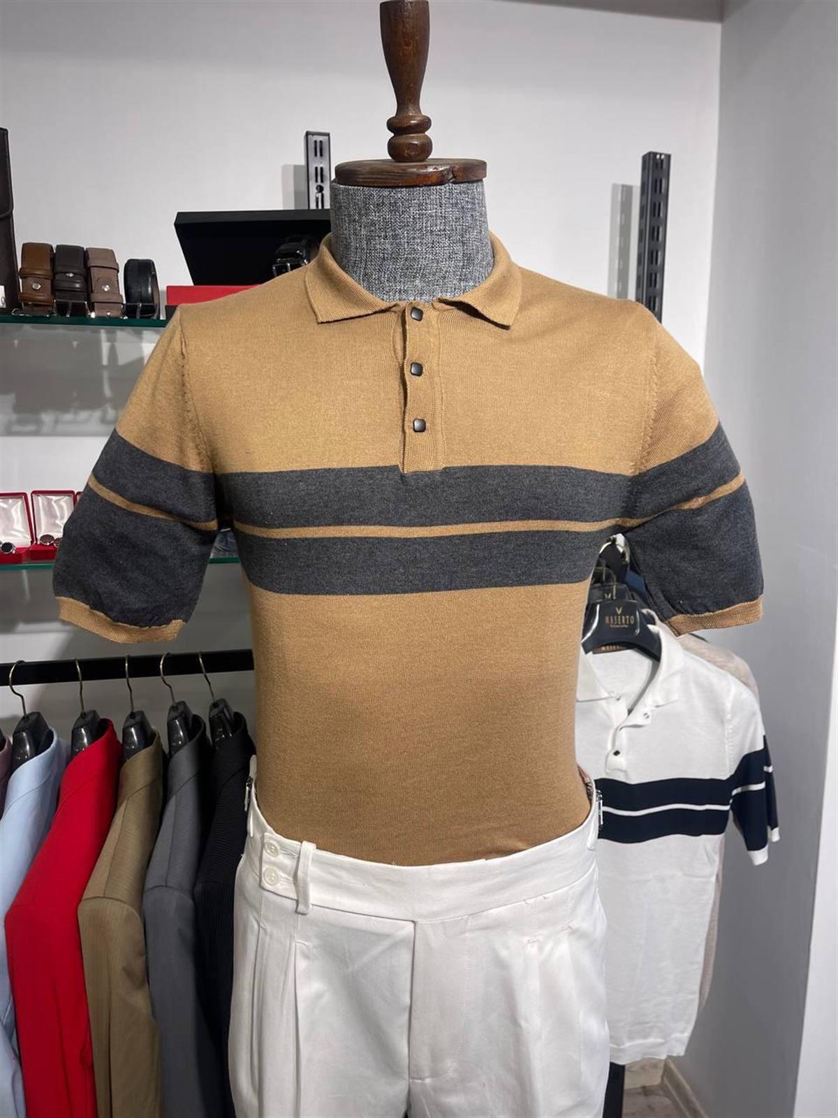 Maserto Slim Fit Açık Kahve Polo Yaka T-Shirt Çizgi Desenli