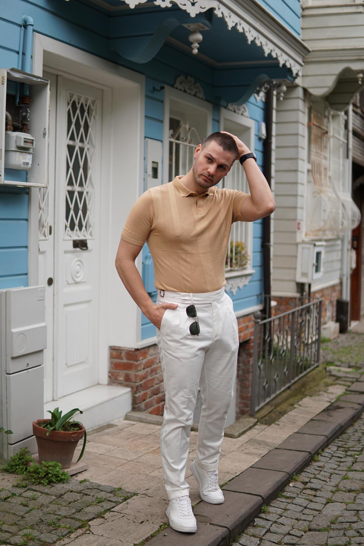 Maserto Slim Fit Açık Kahve Polo Yaka T-Shirt Örme Desenli