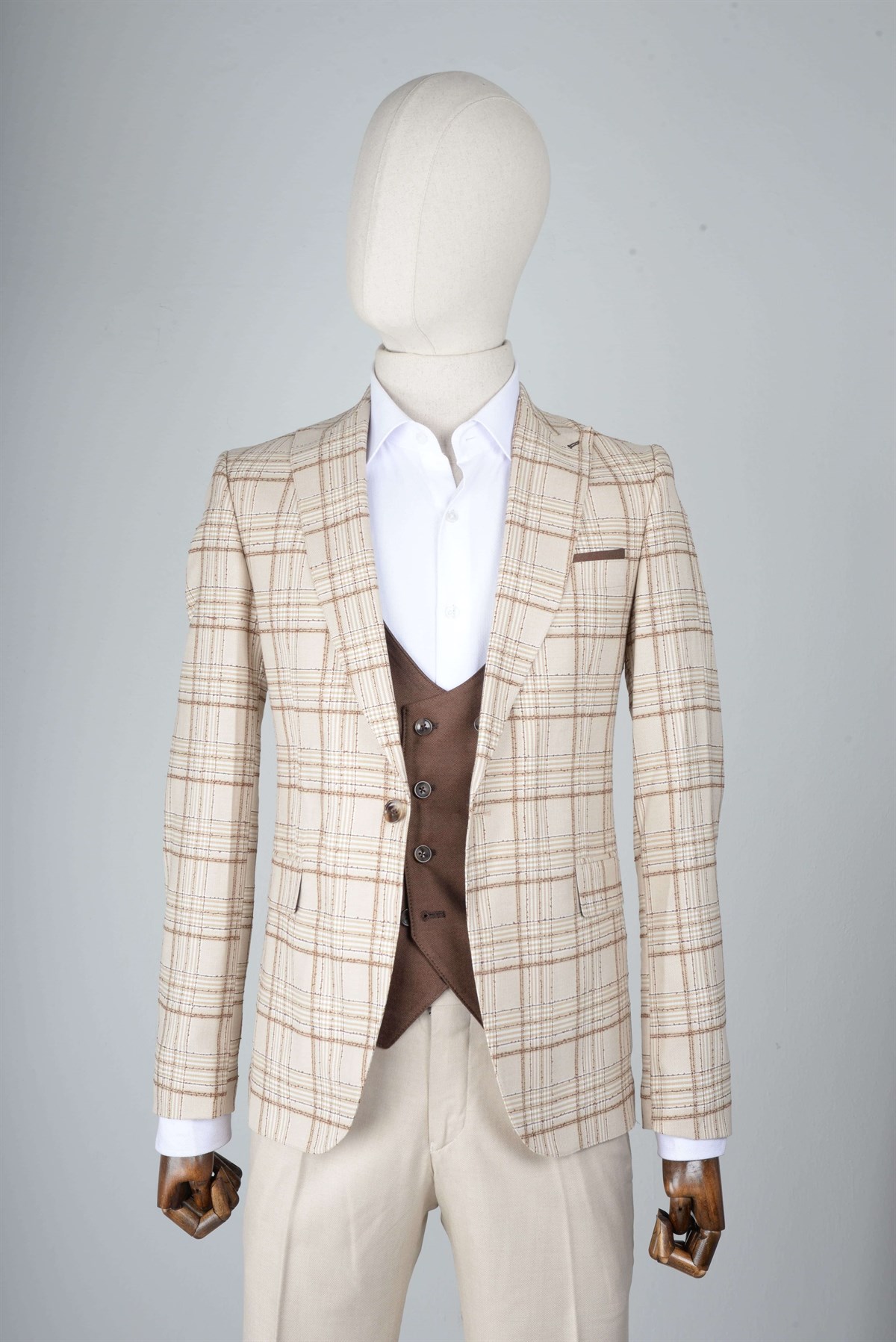 Maserto Slim Fit Açık Kahve Yelekli Takım Elbise Ekose Desenli