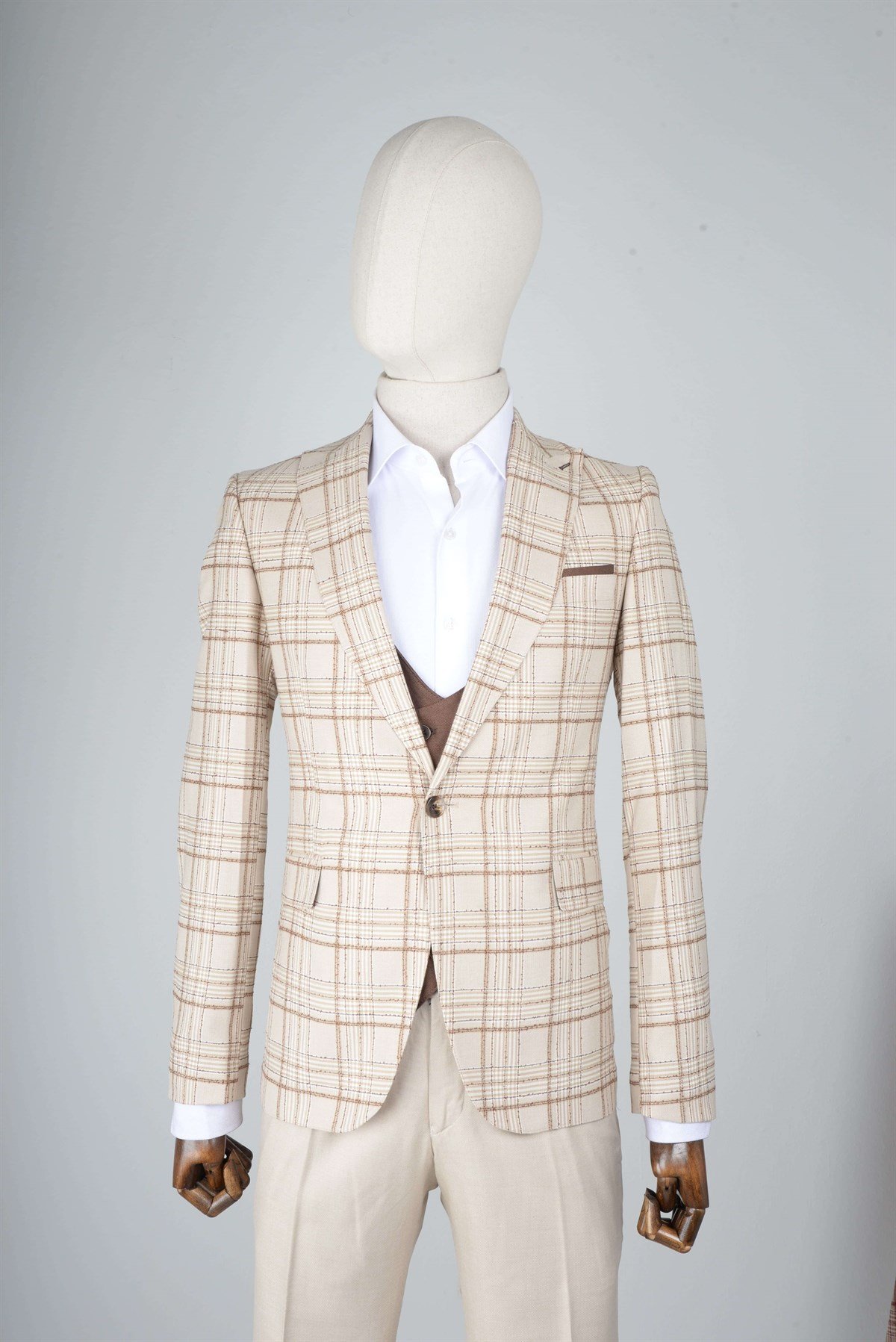 Maserto Slim Fit Açık Kahve Yelekli Takım Elbise Ekose Desenli