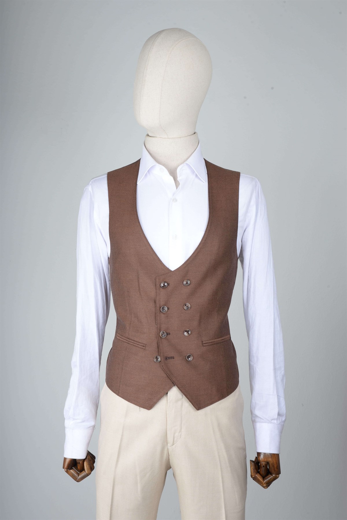 Maserto Slim Fit Açık Kahve Yelekli Takım Elbise Ekose Desenli