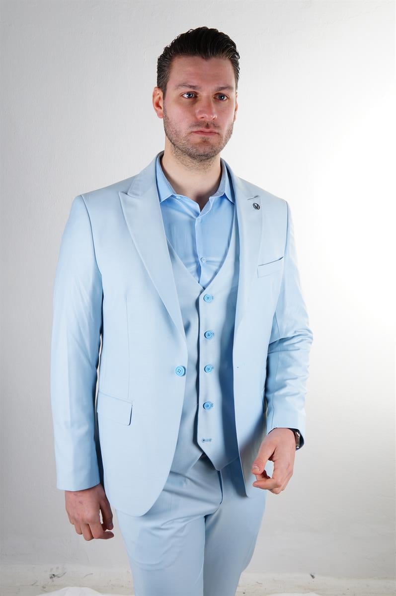 Maserto Slim Fit Açık Mavi Takım Elbise Düz Desenli