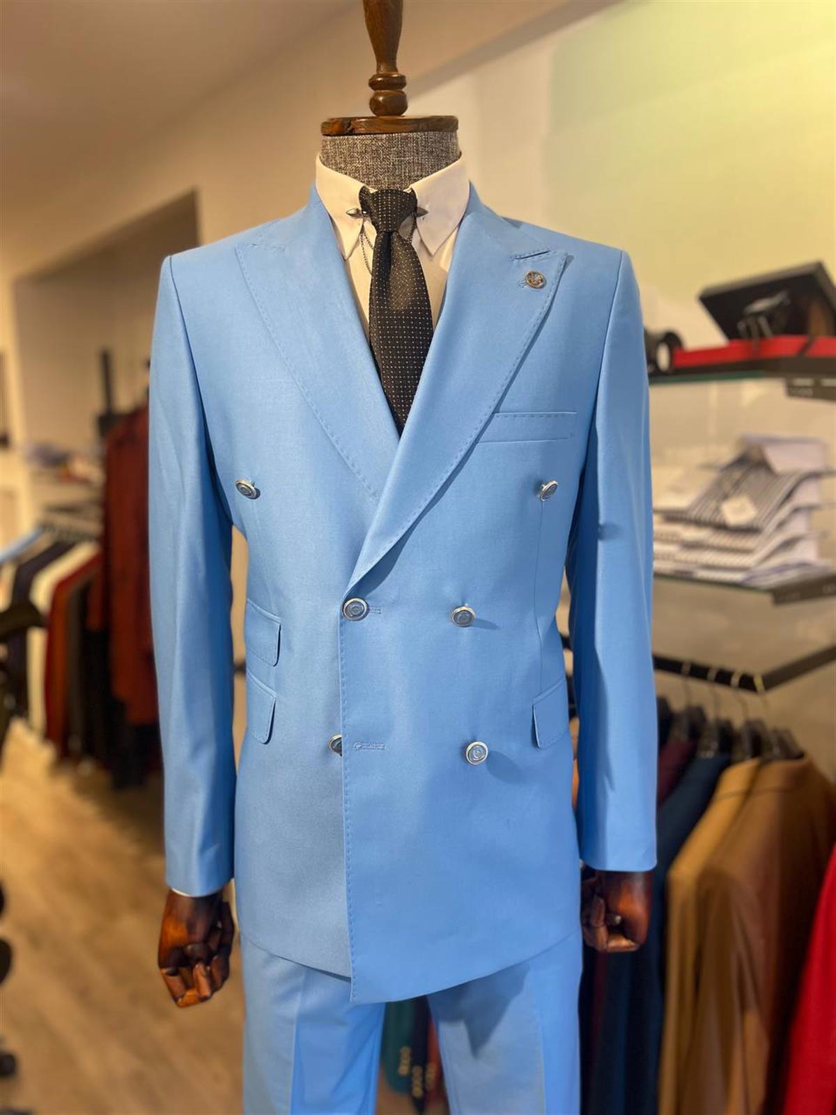 Maserto Slim Fit Açık Mavi Takım Elbise Düz Desenli