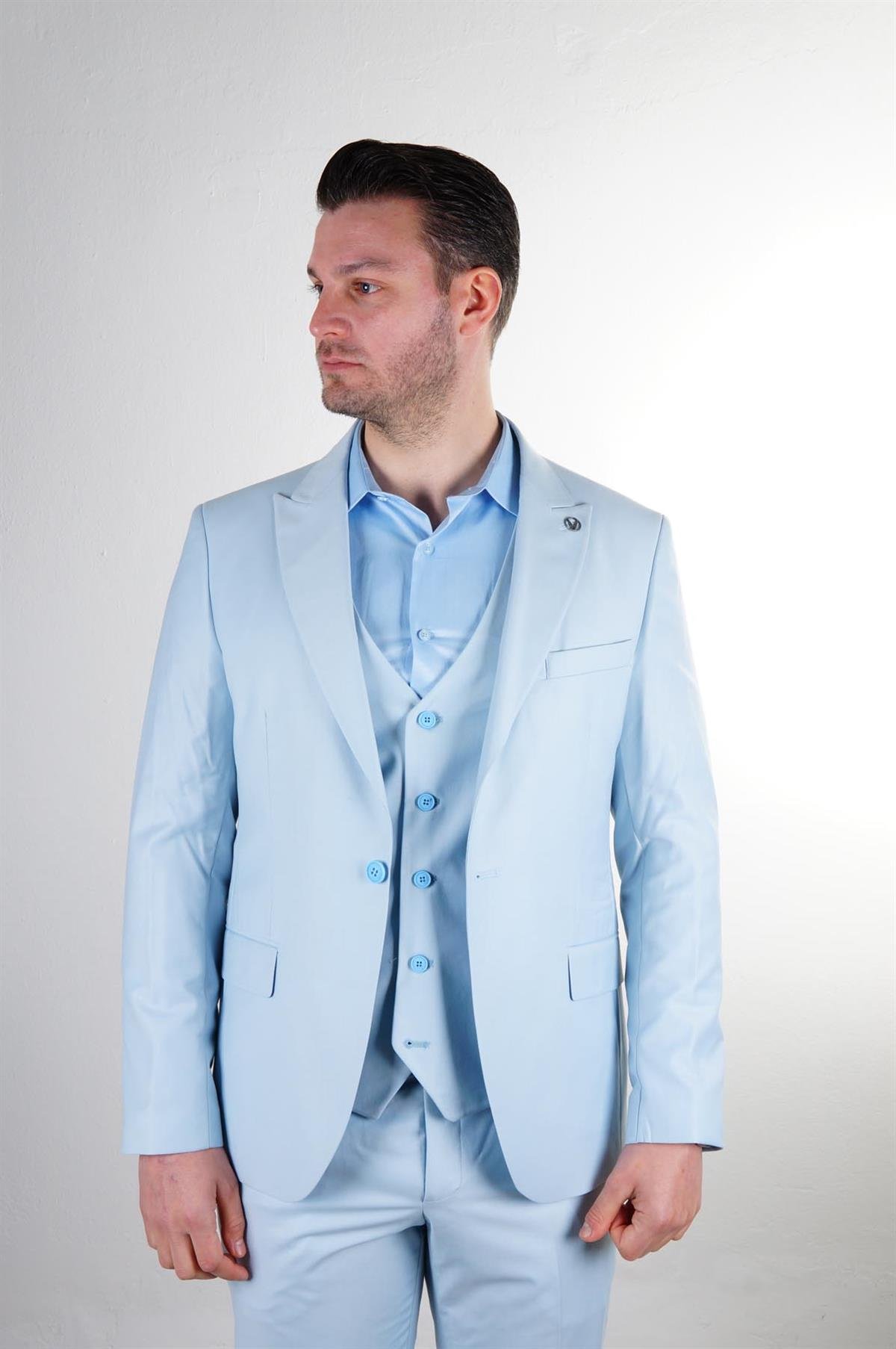 Maserto Slim Fit Açık Mavi Takım Elbise Düz Desenli