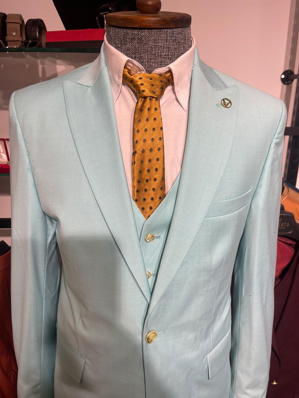 Maserto Slim Fit Açık Mavi Takım Elbise Düz Desenli