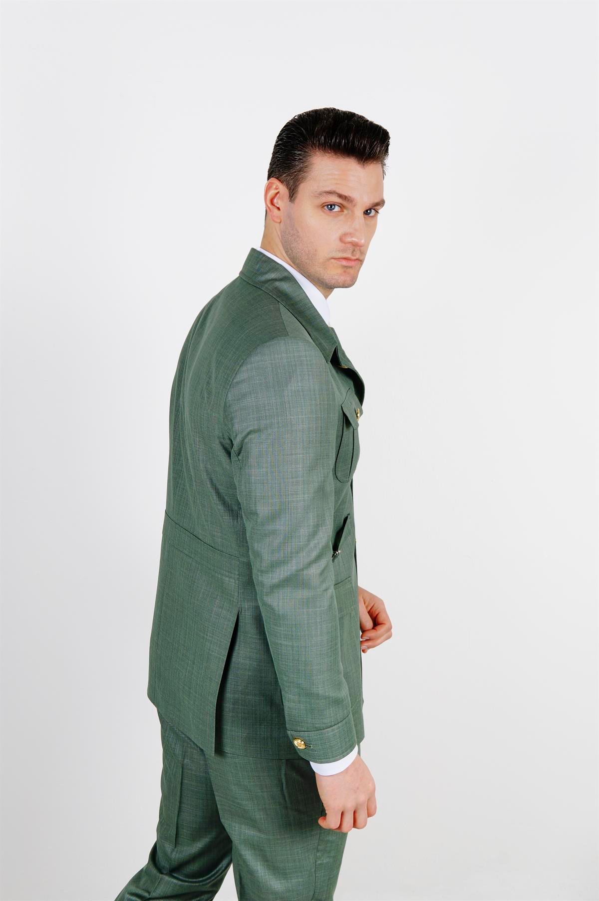 Maserto Slim Fit Açık Yeşil Cepli Takım Elbise Kendinden Desenli