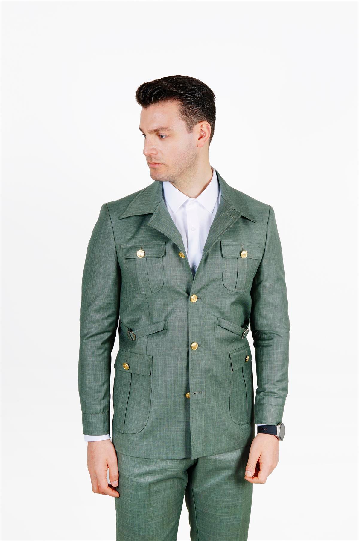 Maserto Slim Fit Açık Yeşil Cepli Takım Elbise Kendinden Desenli