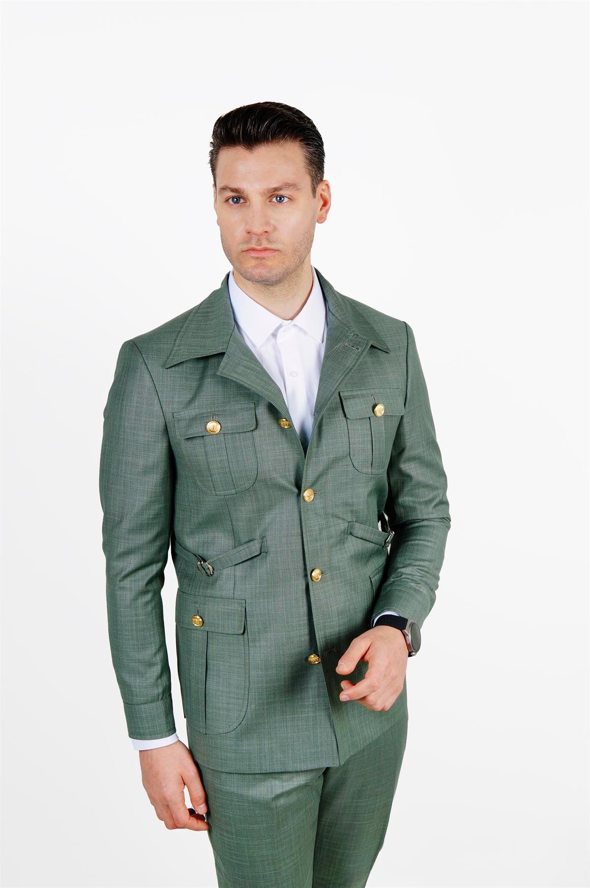 Maserto Slim Fit Açık Yeşil Cepli Takım Elbise Kendinden Desenli