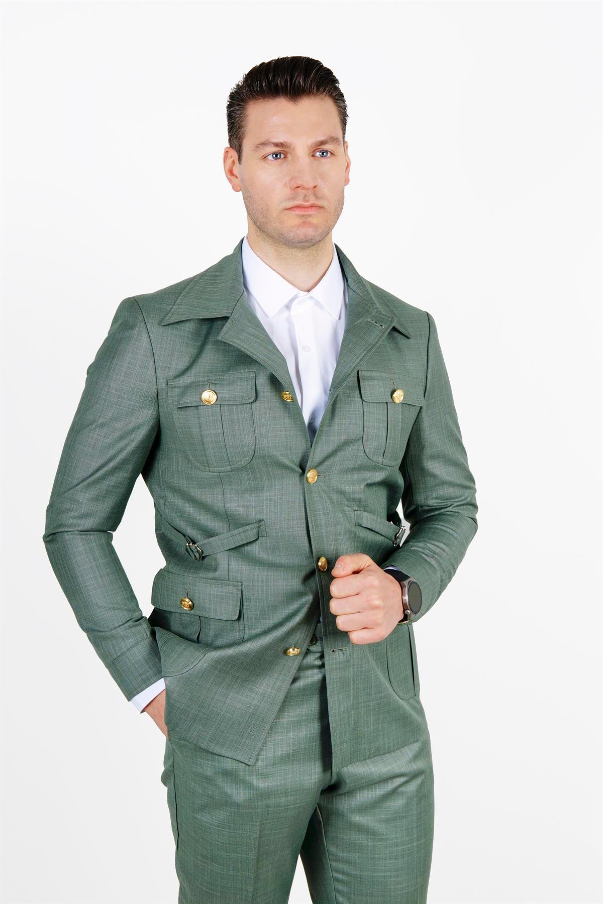 Maserto Slim Fit Açık Yeşil Cepli Takım Elbise Kendinden Desenli