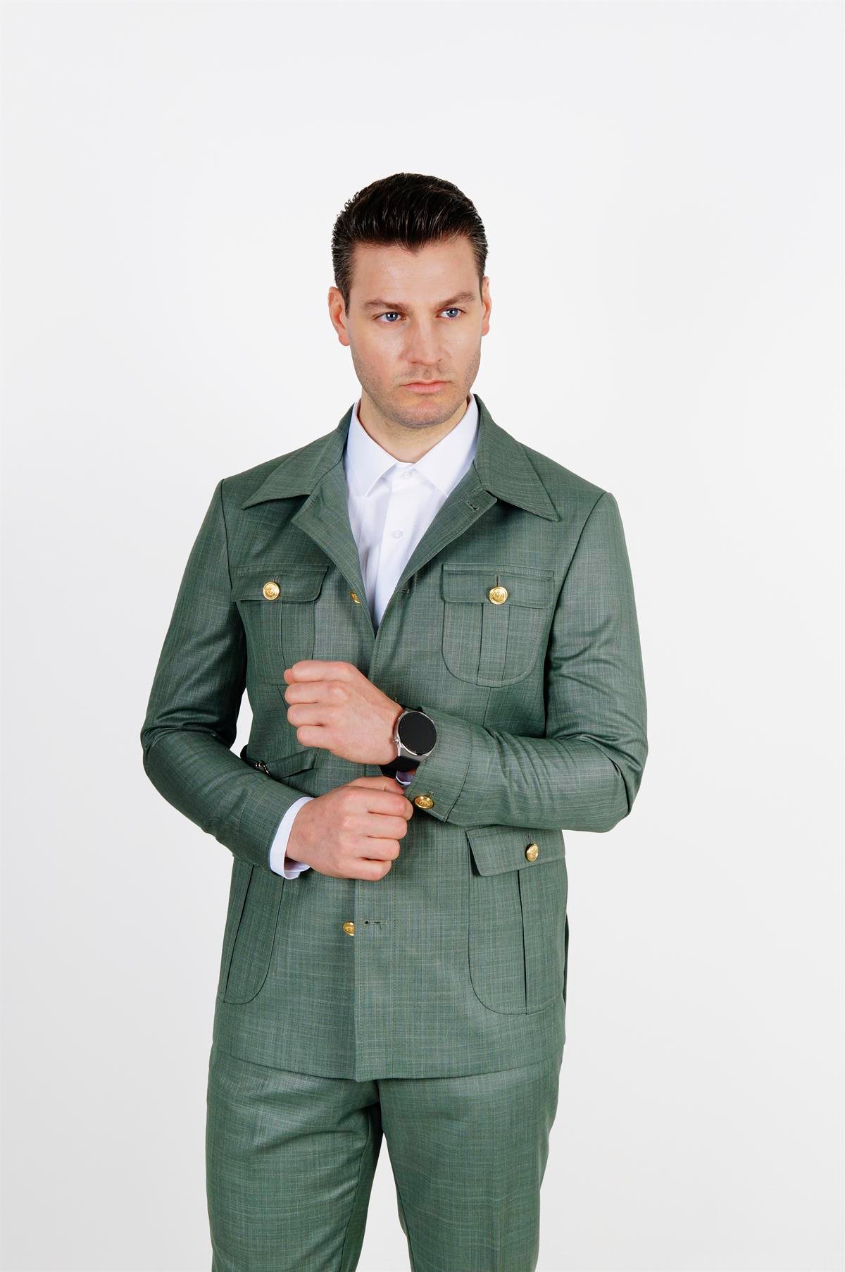 Maserto Slim Fit Açık Yeşil Cepli Takım Elbise Kendinden Desenli