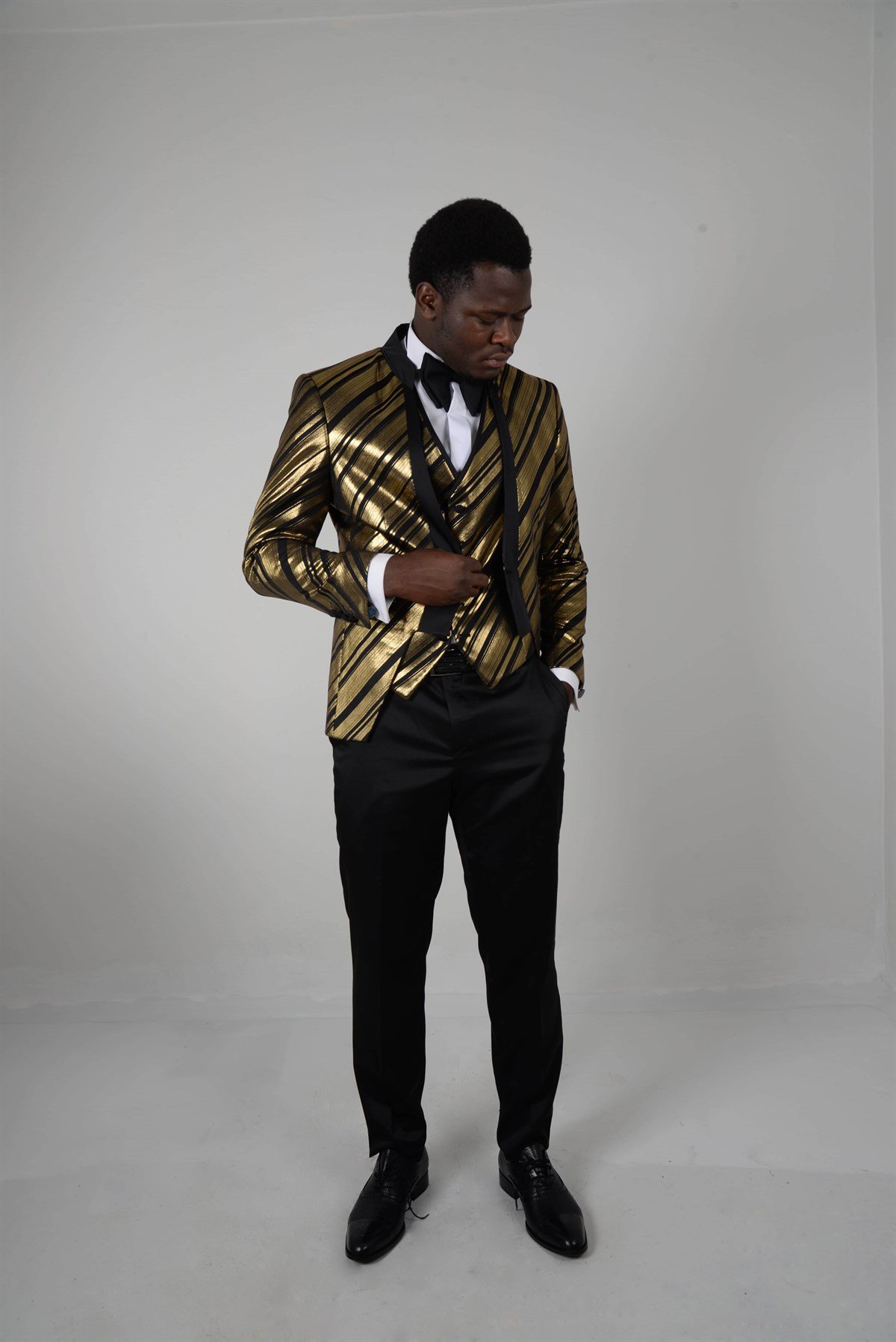 Maserto Slim Fit Altın Sarısı Smokin Çizgili Desenli