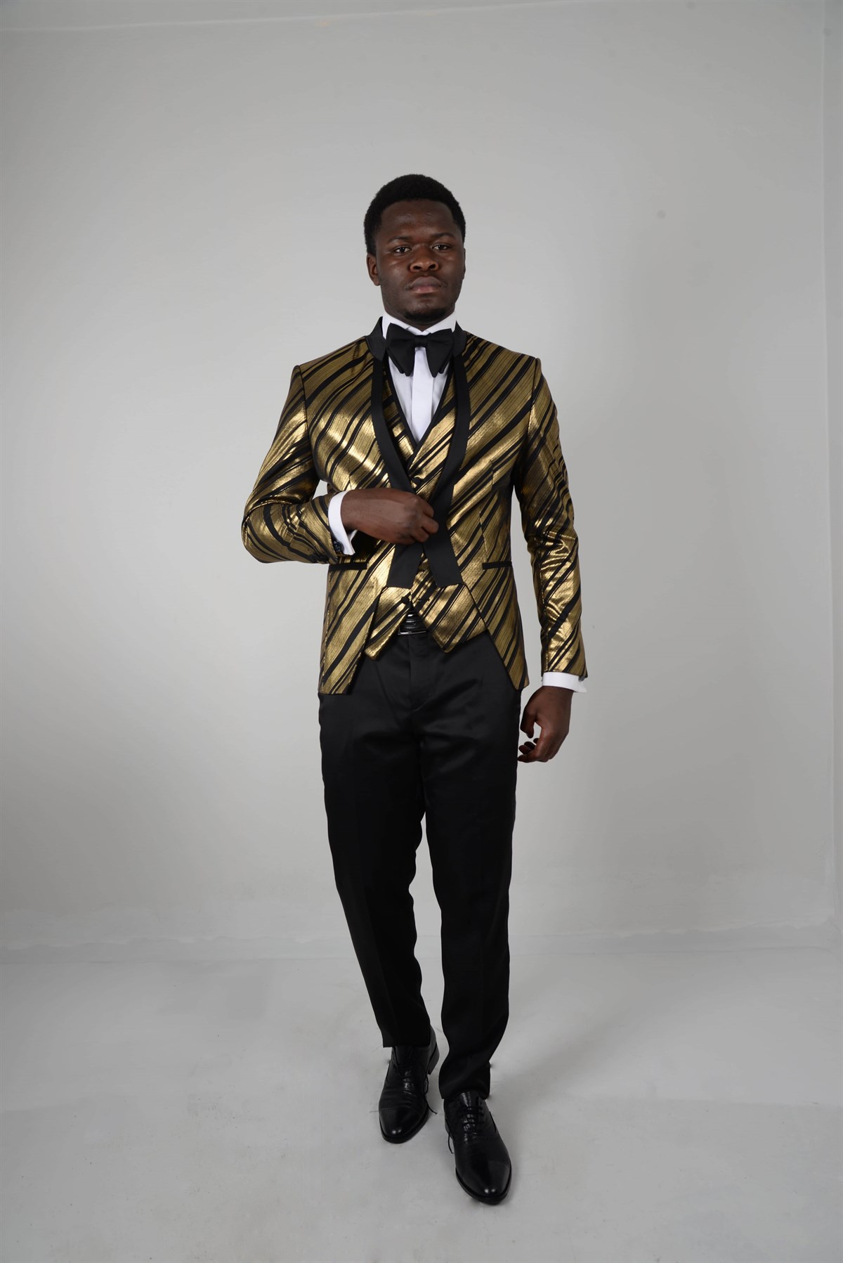 Maserto Slim Fit Altın Sarısı Smokin Çizgili Desenli