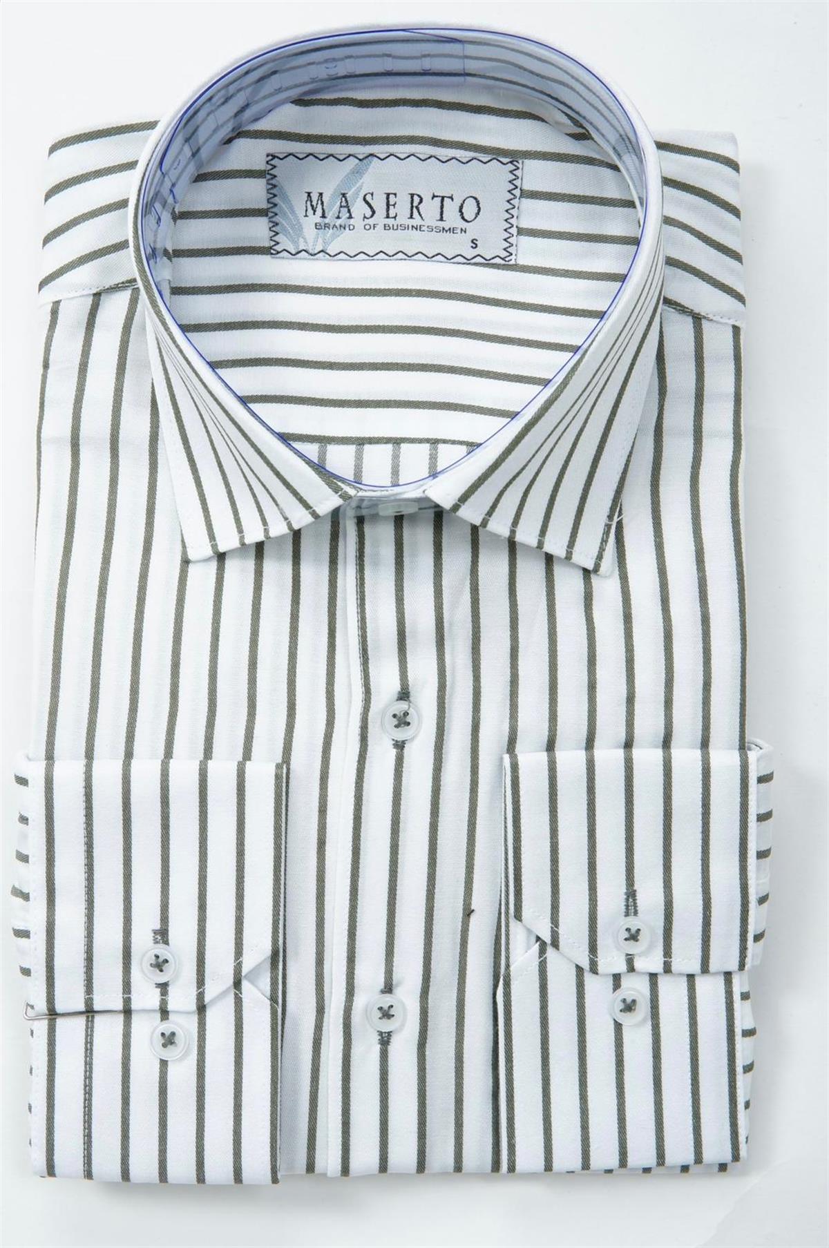 Maserto Slim Fit Beyaz Gömlek Çizgili Desenli