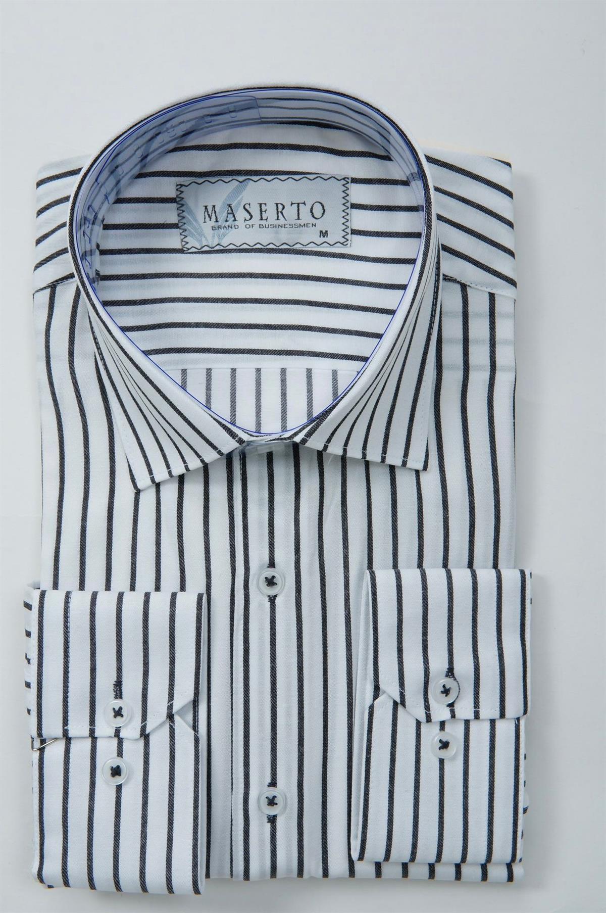 Maserto Slim Fit Beyaz Gömlek Çizgili Desenli