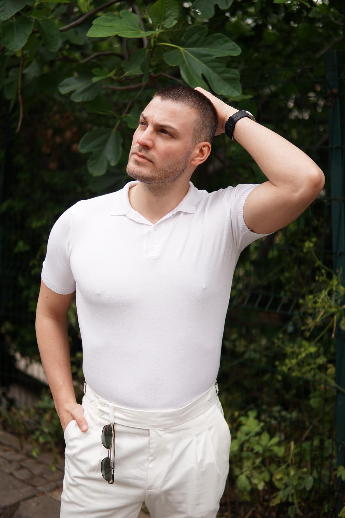 Maserto Slim Fit Beyaz Polo Yaka T-Shirt Örme Desenli