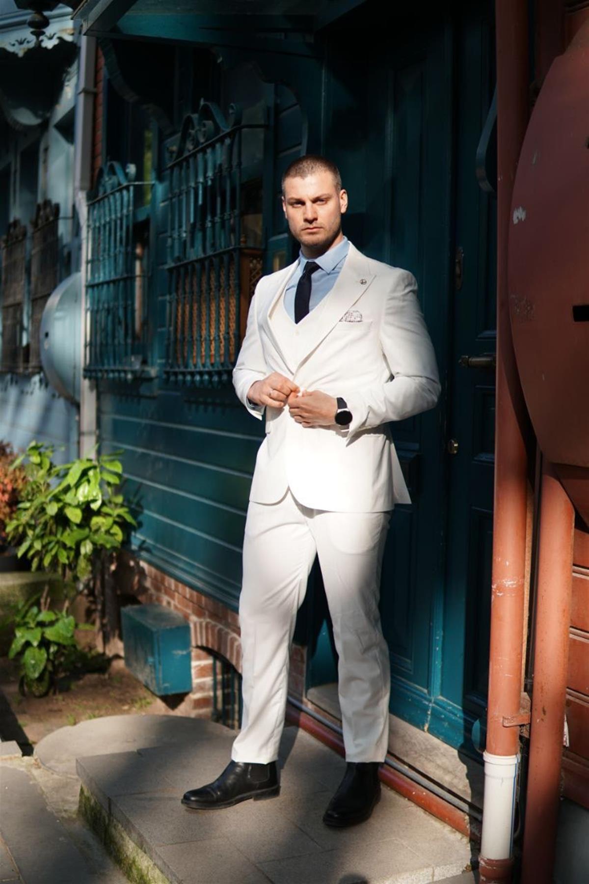 Maserto Slim Fit Beyaz Takım Elbise Düz Desenli