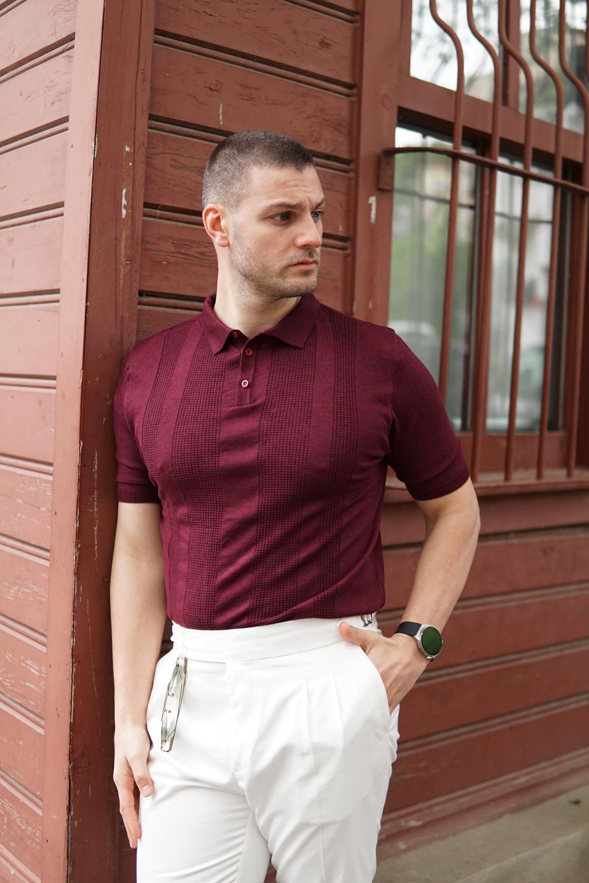 Maserto Slim Fit Bordo Polo Yaka T-Shirt Örme Desenli