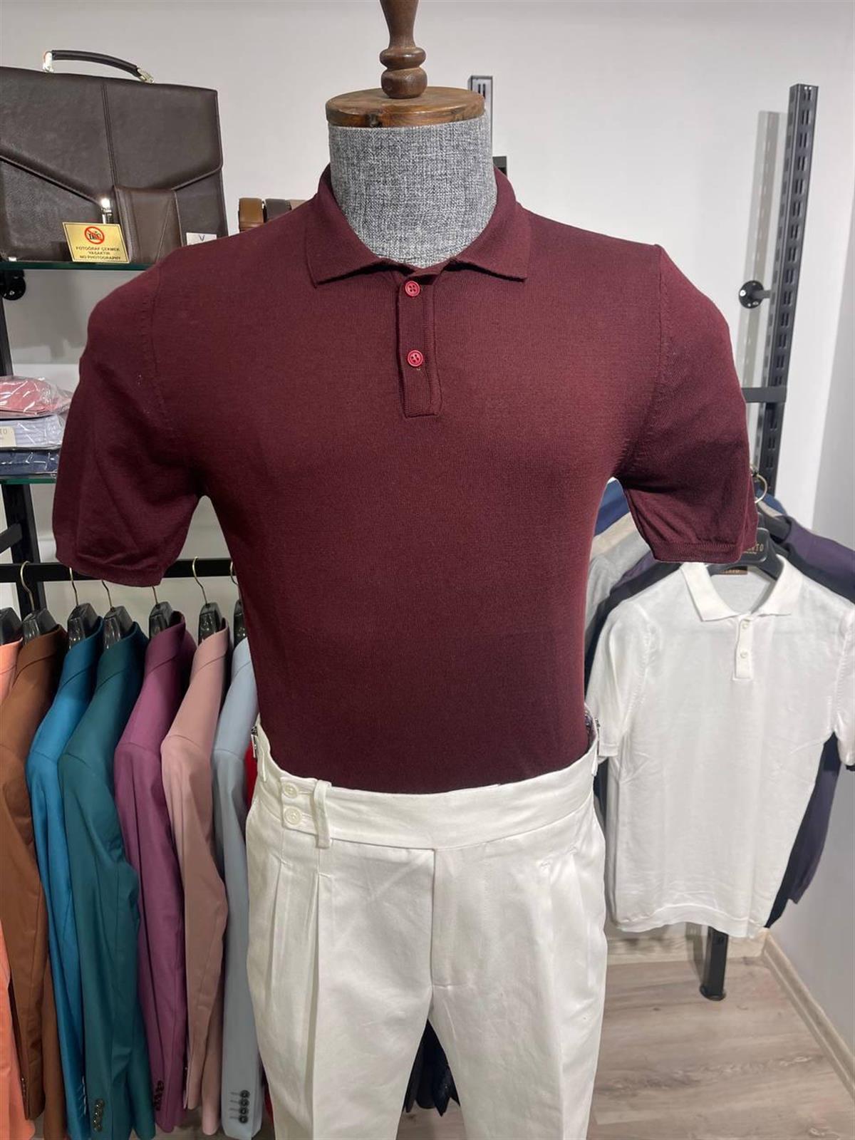 Maserto Slim Fit Bordo Polo Yaka T-Shirt Düz Desenli