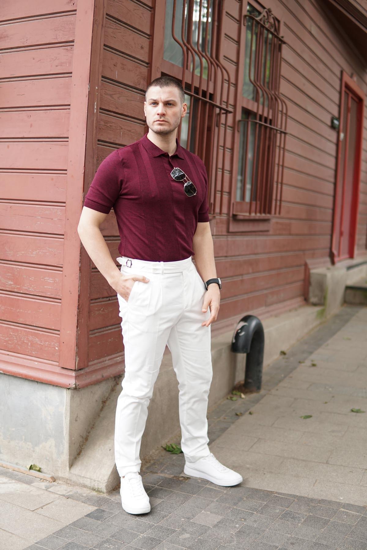 Maserto Slim Fit Bordo Polo Yaka T-Shirt Örme Desenli