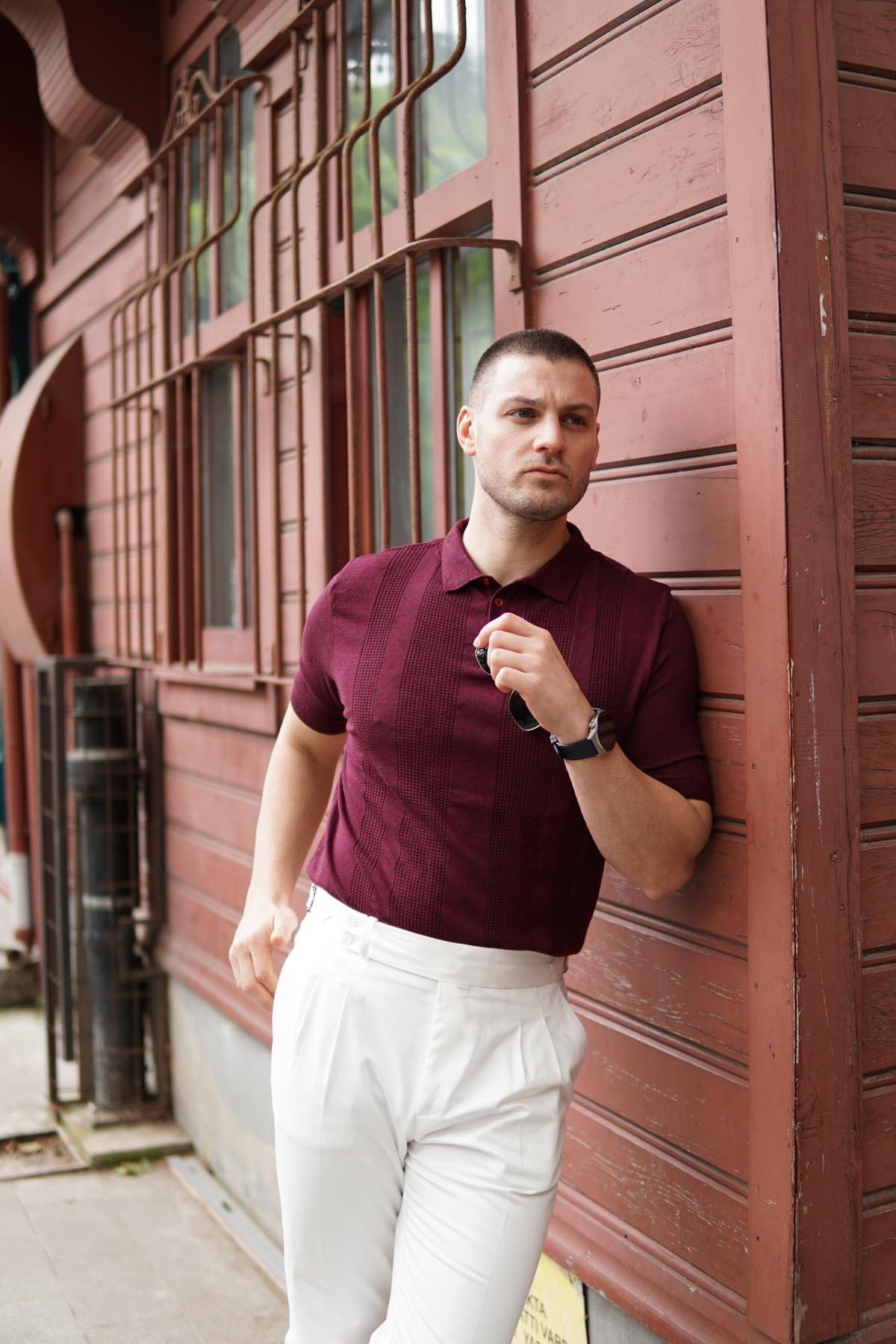 Maserto Slim Fit Bordo Polo Yaka T-Shirt Örme Desenli