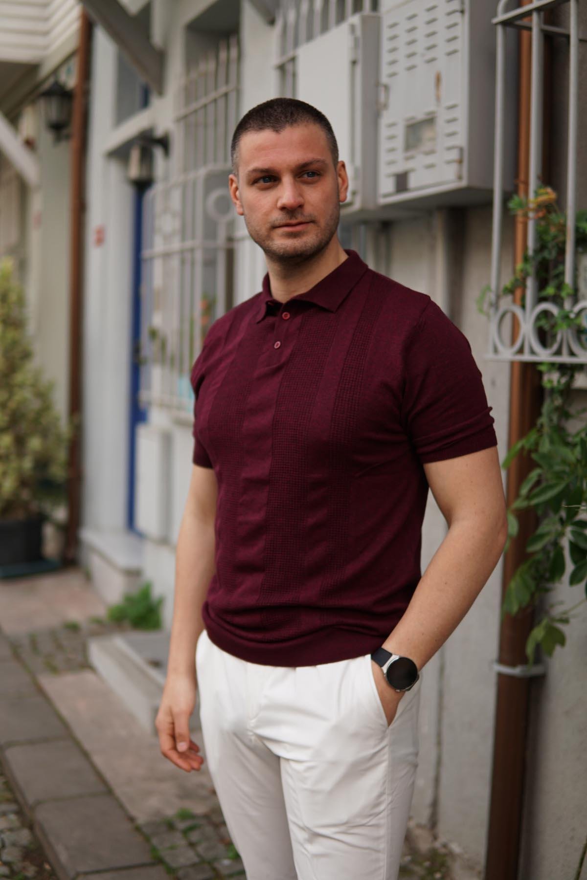 Maserto Slim Fit Bordo Polo Yaka T-Shirt Örme Desenli