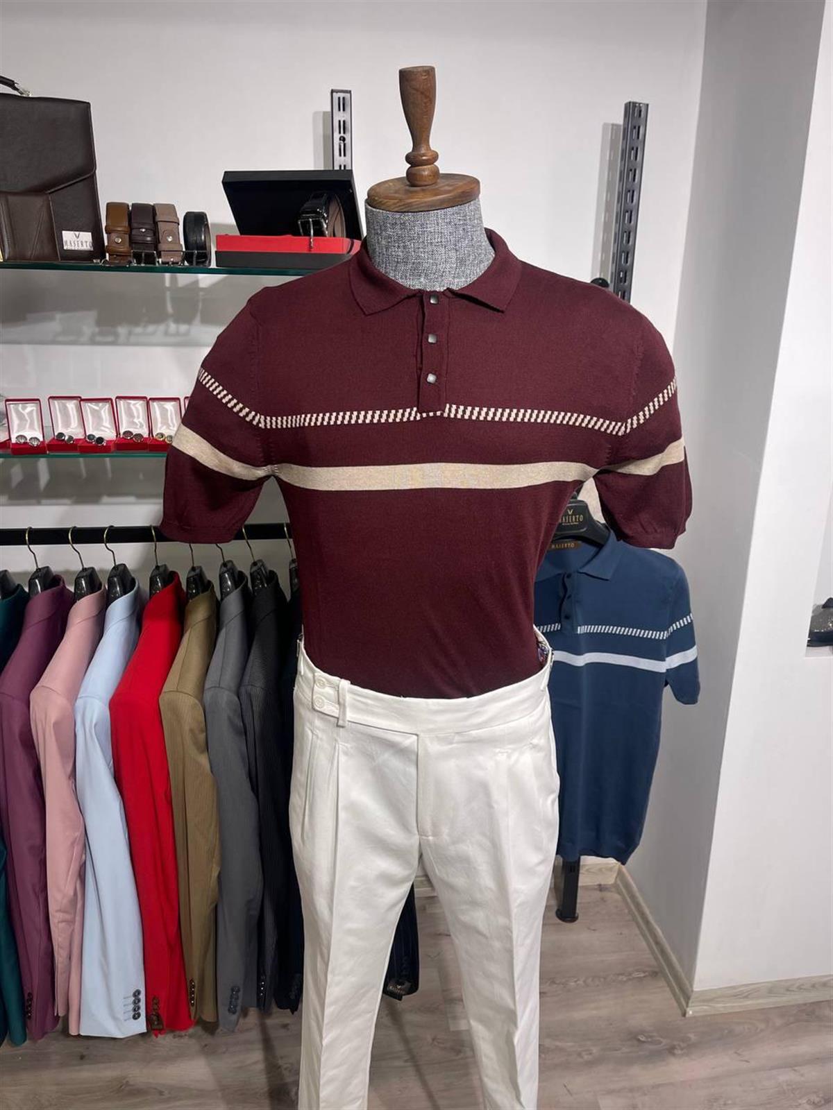 Maserto Slim Fit Bordo Polo Yaka T-Shirt Çizgi Desenli
