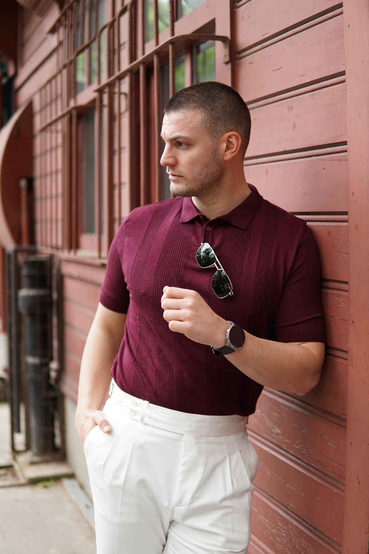 Maserto Slim Fit Bordo Polo Yaka T-Shirt Örme Desenli