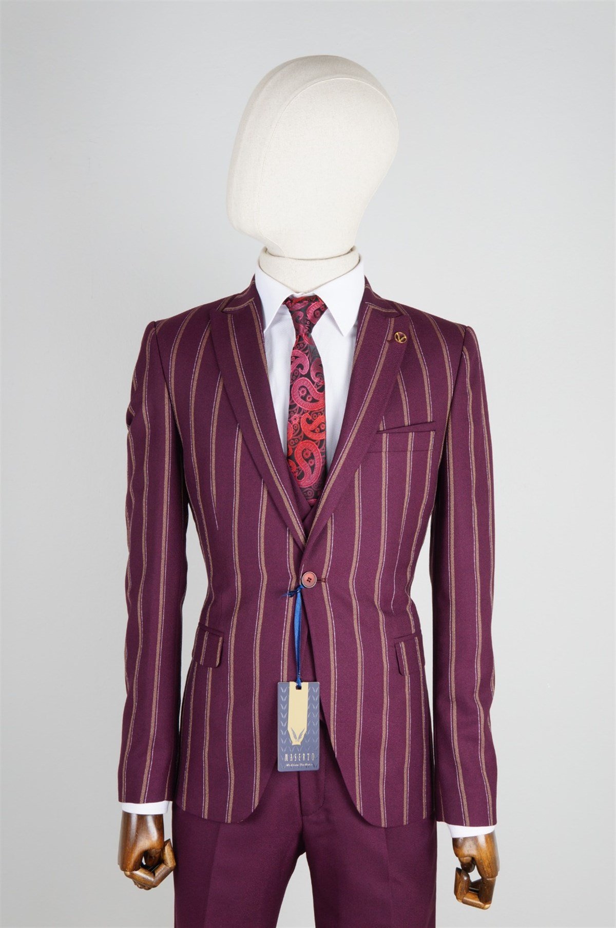 Maserto Slim Fit Bordo Takım Elbise Çizgili Desenli