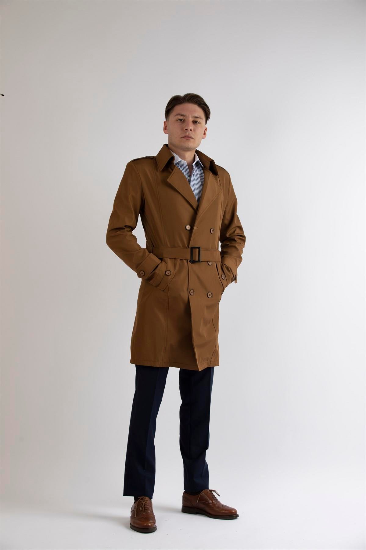 Maserto Slim Fit Erkek Açık Kahve Trençkot