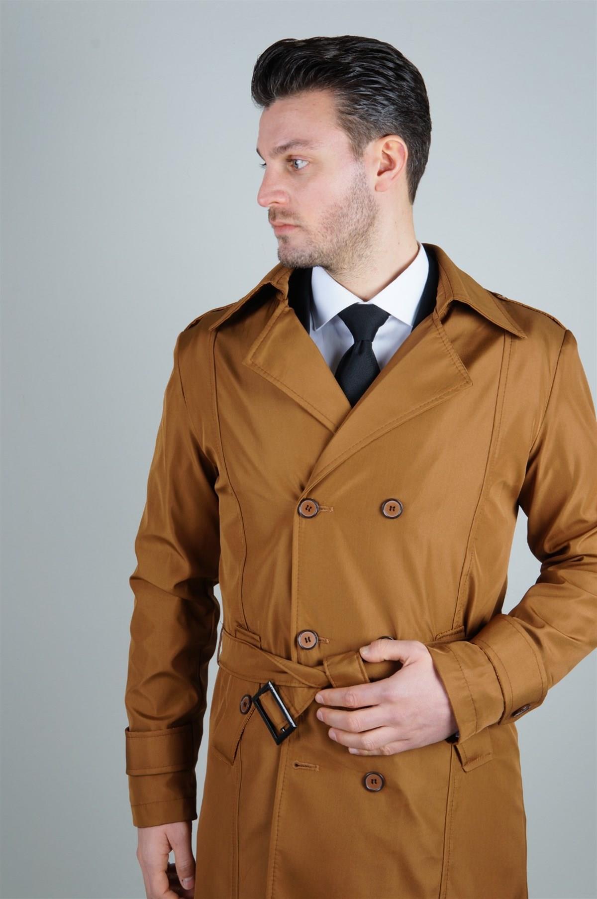 Maserto Slim Fit Erkek Açık Kahve Trençkot