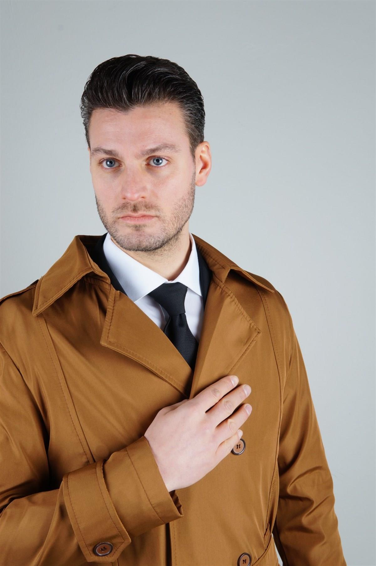 Maserto Slim Fit Erkek Açık Kahve Trençkot