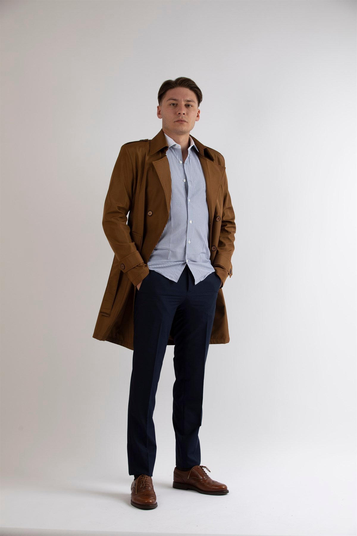 Maserto Slim Fit Erkek Açık Kahve Trençkot