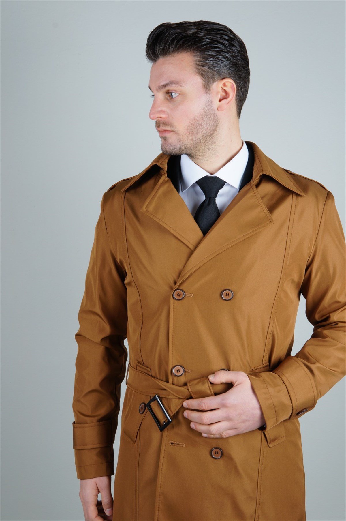 Maserto Slim Fit Erkek Açık Kahve Trençkot
