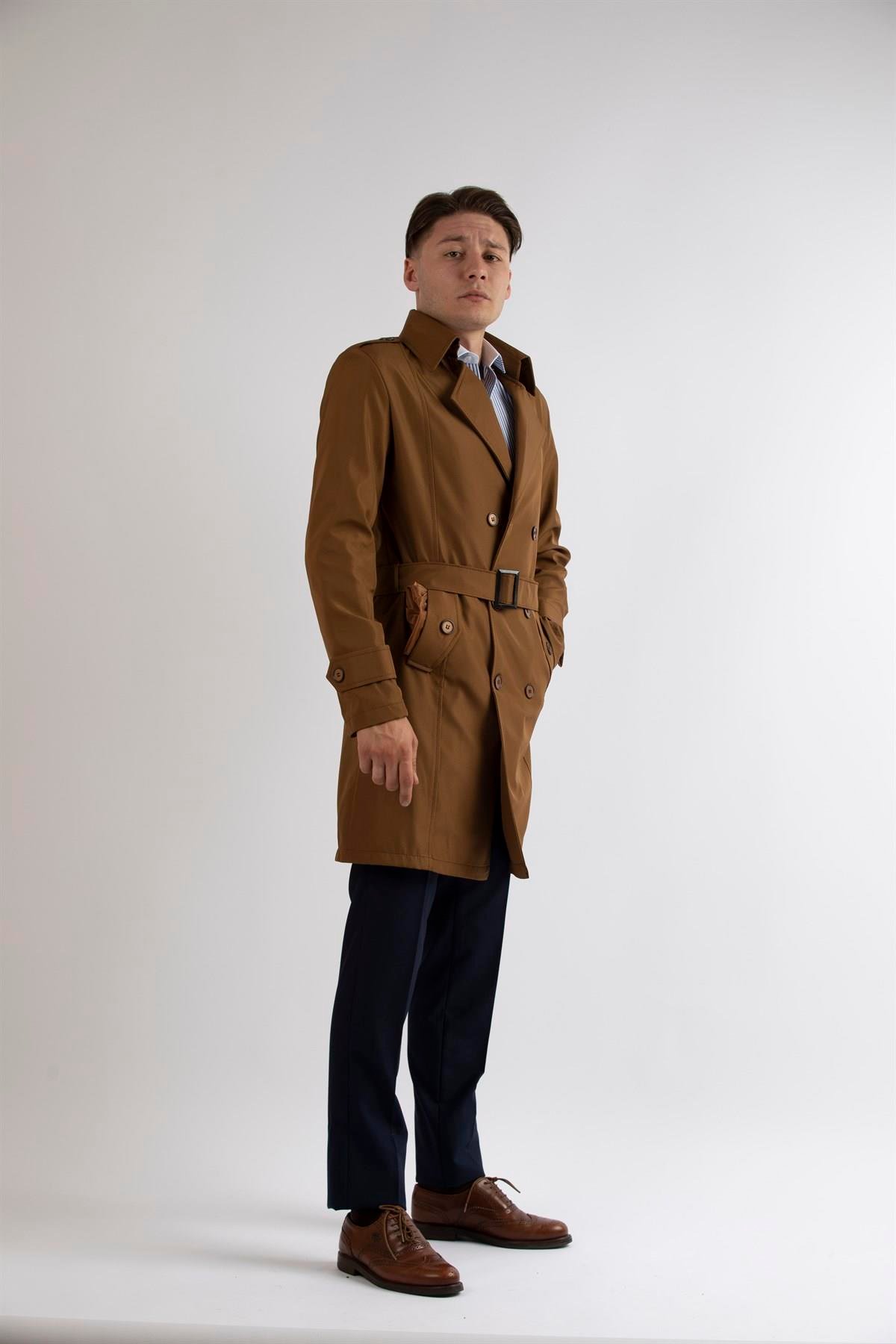 Maserto Slim Fit Erkek Açık Kahve Trençkot