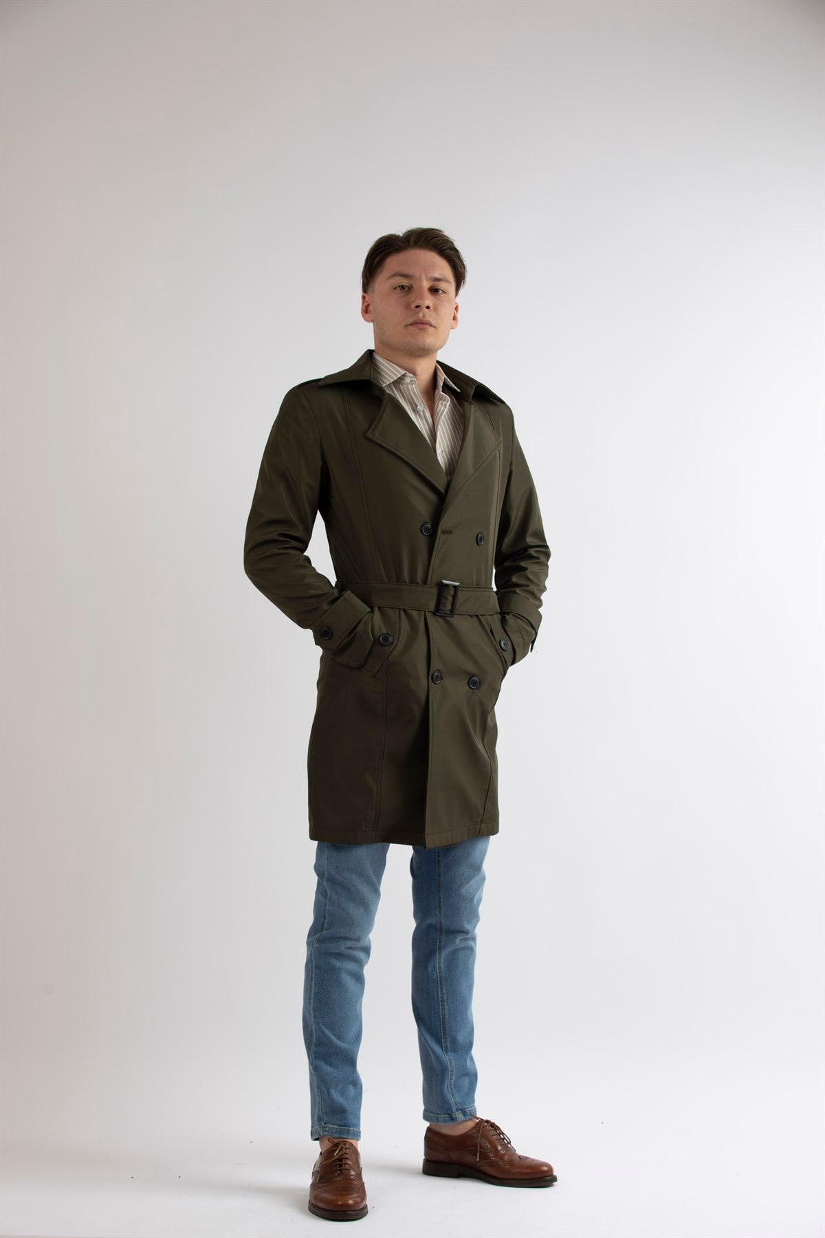 Maserto Slim Fit Erkek Haki Trençkot