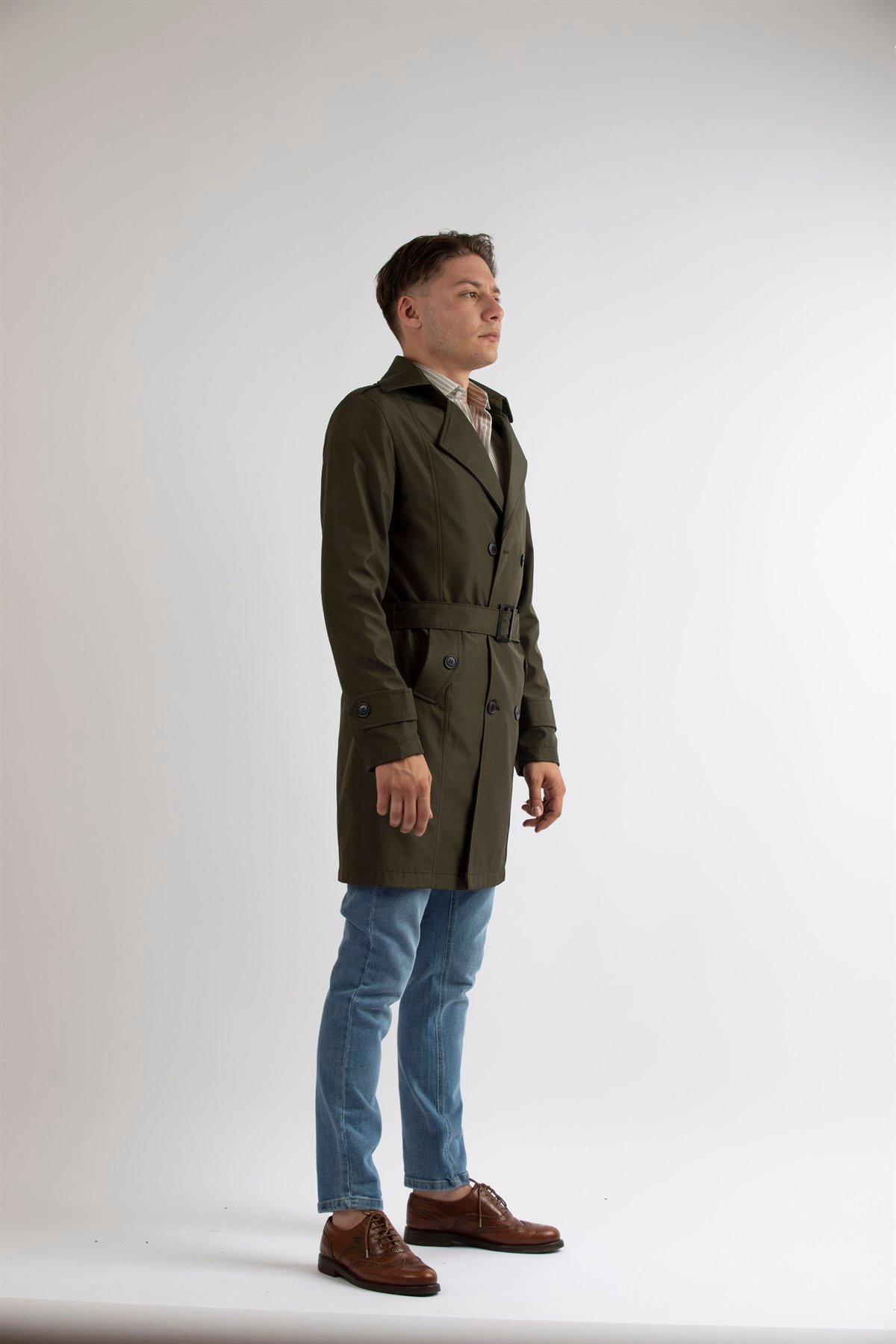 Maserto Slim Fit Erkek Haki Trençkot